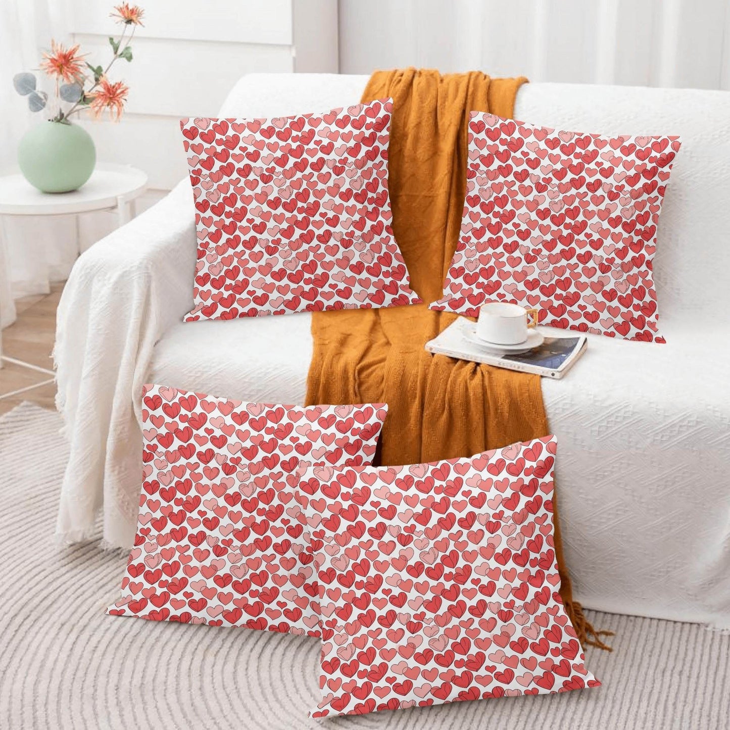 Red Little Hearts Peach Velvet 4 Pcs Square Pillow Case Covers (5 sizes) - DeRose Seasonal