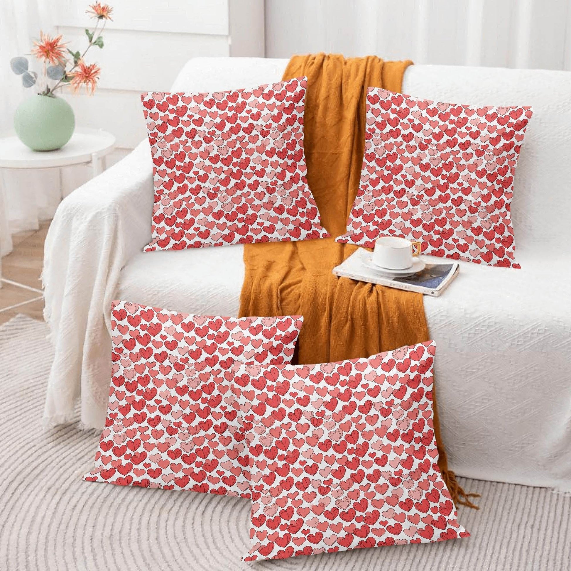 Red Little Hearts Peach Velvet 4 Pcs Square Pillow Case Covers (5 sizes) - DeRose Seasonal