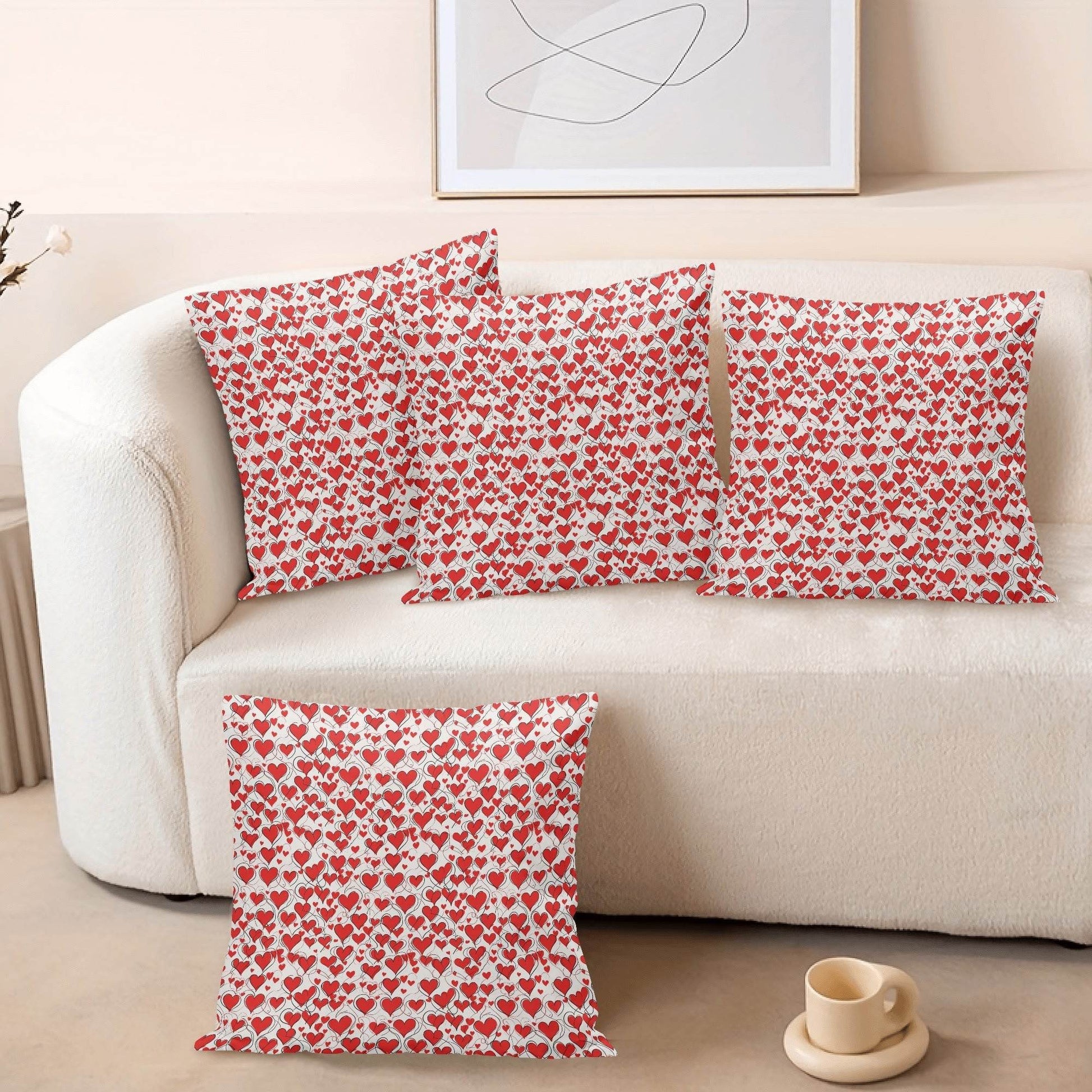 Red Scribbled Hearts Peach Velvet 4 Pcs Square Pillow Case Covers (5 sizes) - DeRose Seasonal