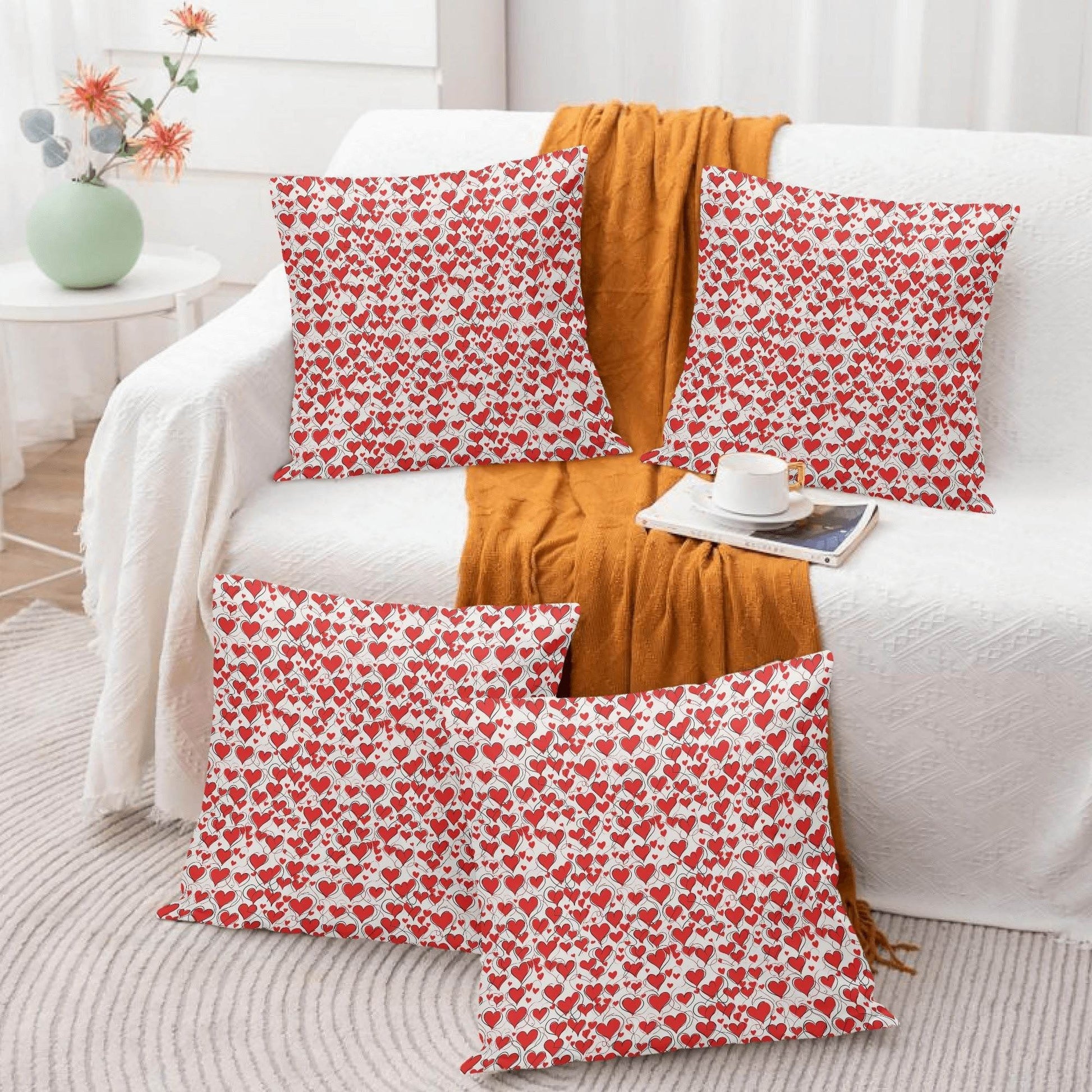 Red Scribbled Hearts Peach Velvet 4 Pcs Square Pillow Case Covers (5 sizes) - DeRose Seasonal