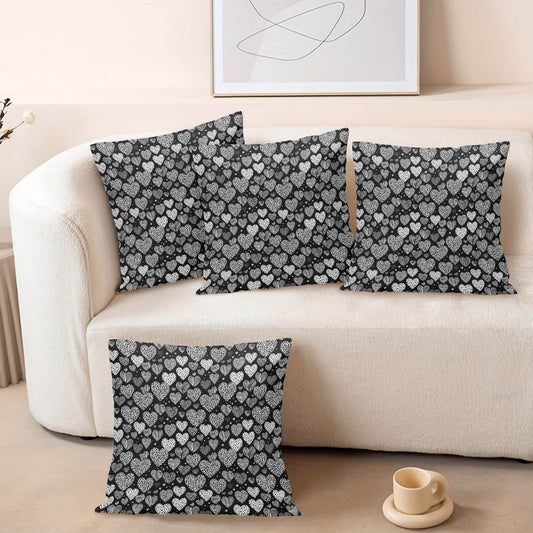 Black and White Hearts Peach Velvet 4 Pcs Square Pillow Case Covers (5 sizes) - DeRose Seasonal