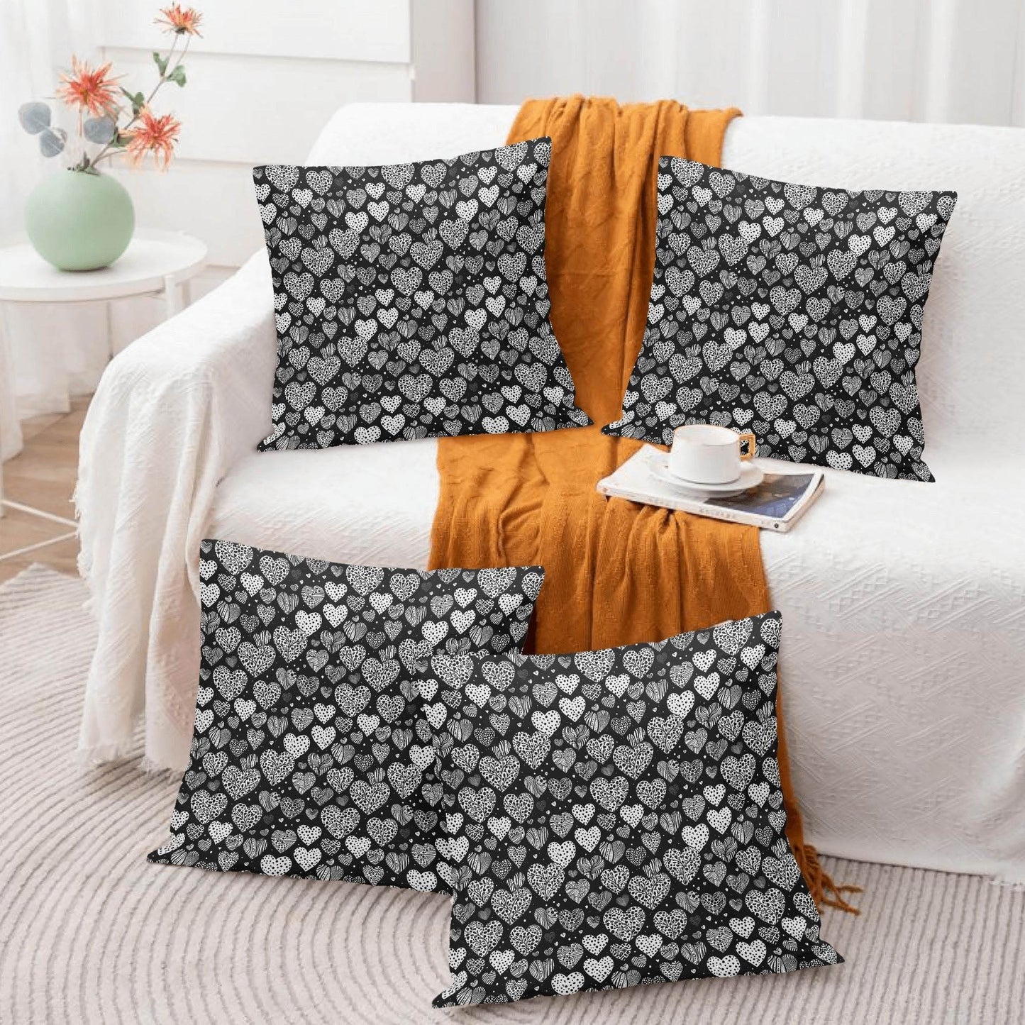 Black and White Hearts Peach Velvet 4 Pcs Square Pillow Case Covers (5 sizes) - DeRose Seasonal