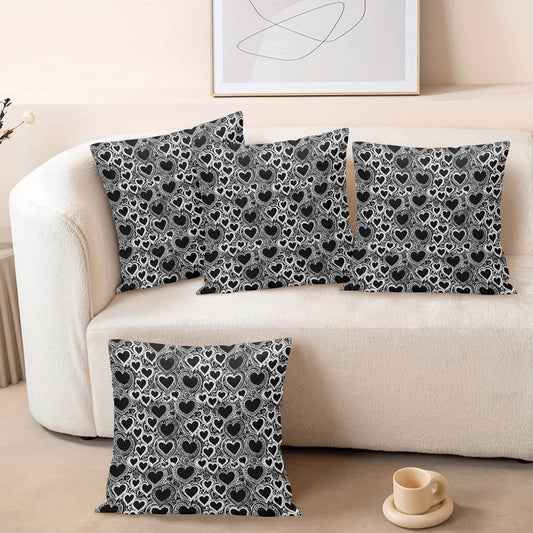 Black and White Groovy Hearts Peach Velvet 4 Pcs Square Pillow Case Covers (5 sizes) - DeRose Seasonal