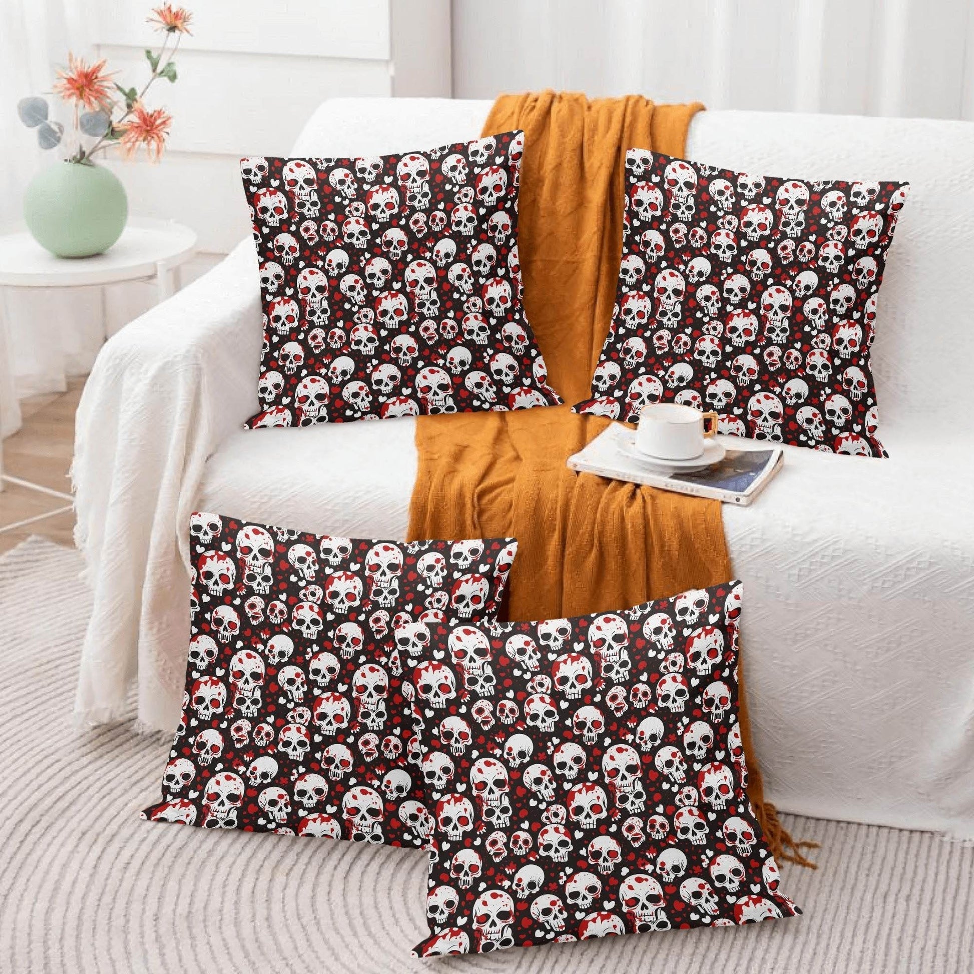 Love Skulls Peach Velvet 4 Pcs Square Pillow Case Covers (5 sizes) - DeRose Seasonal