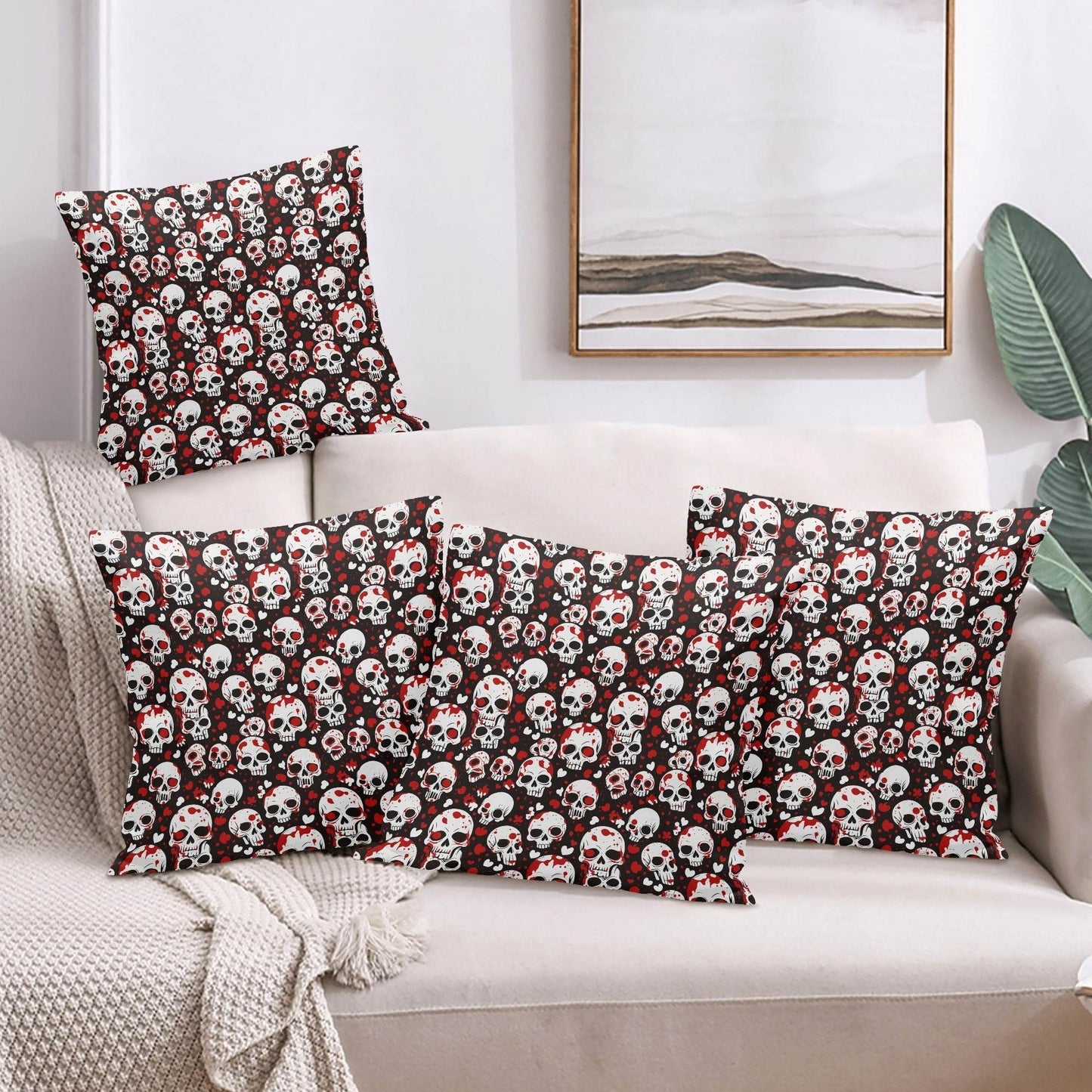 Love Skulls Peach Velvet 4 Pcs Square Pillow Case Covers (5 sizes) - DeRose Seasonal