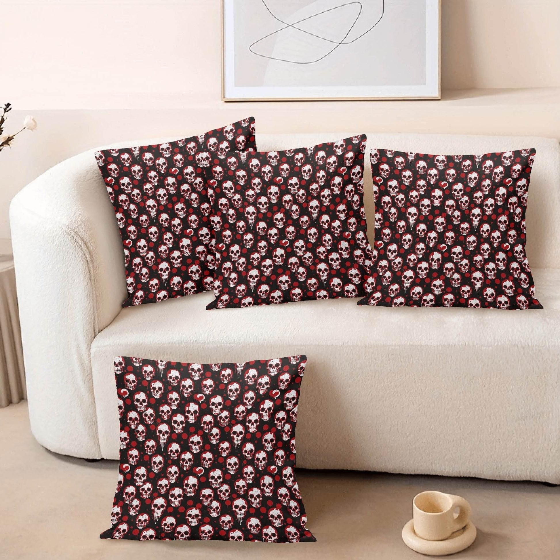 Tiny Red SKulls Peach Velvet 4 Pcs Square Pillow Case Covers (5 sizes) - DeRose Seasonal