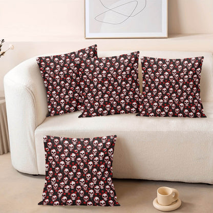 Tiny Red SKulls Peach Velvet 4 Pcs Square Pillow Case Covers (5 sizes) - DeRose Seasonal
