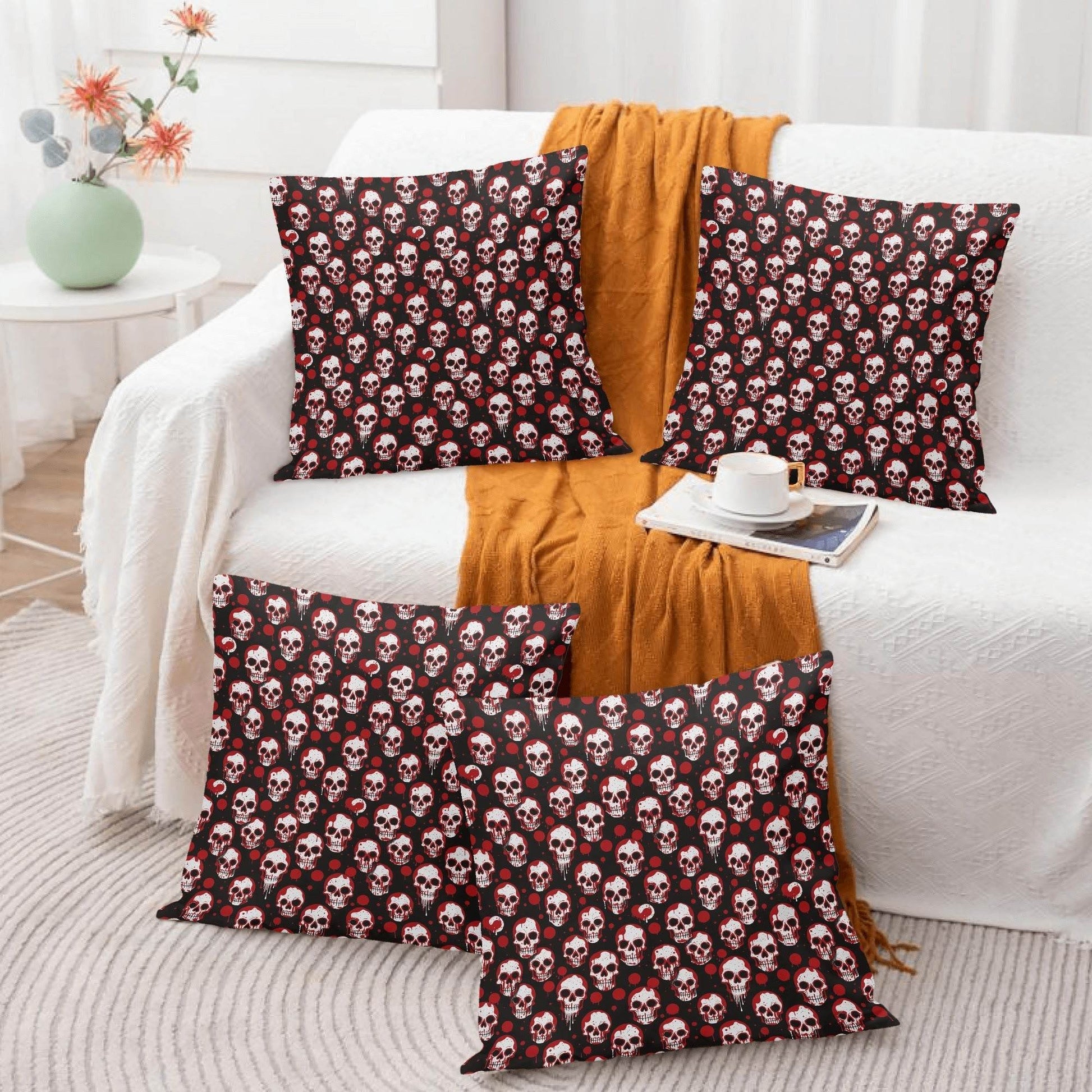 Tiny Red SKulls Peach Velvet 4 Pcs Square Pillow Case Covers (5 sizes) - DeRose Seasonal
