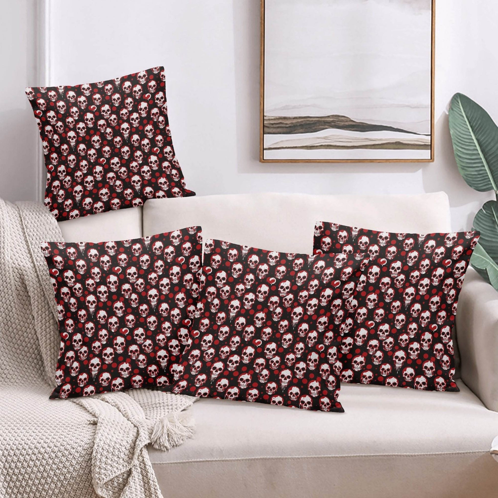 Tiny Red SKulls Peach Velvet 4 Pcs Square Pillow Case Covers (5 sizes) - DeRose Seasonal