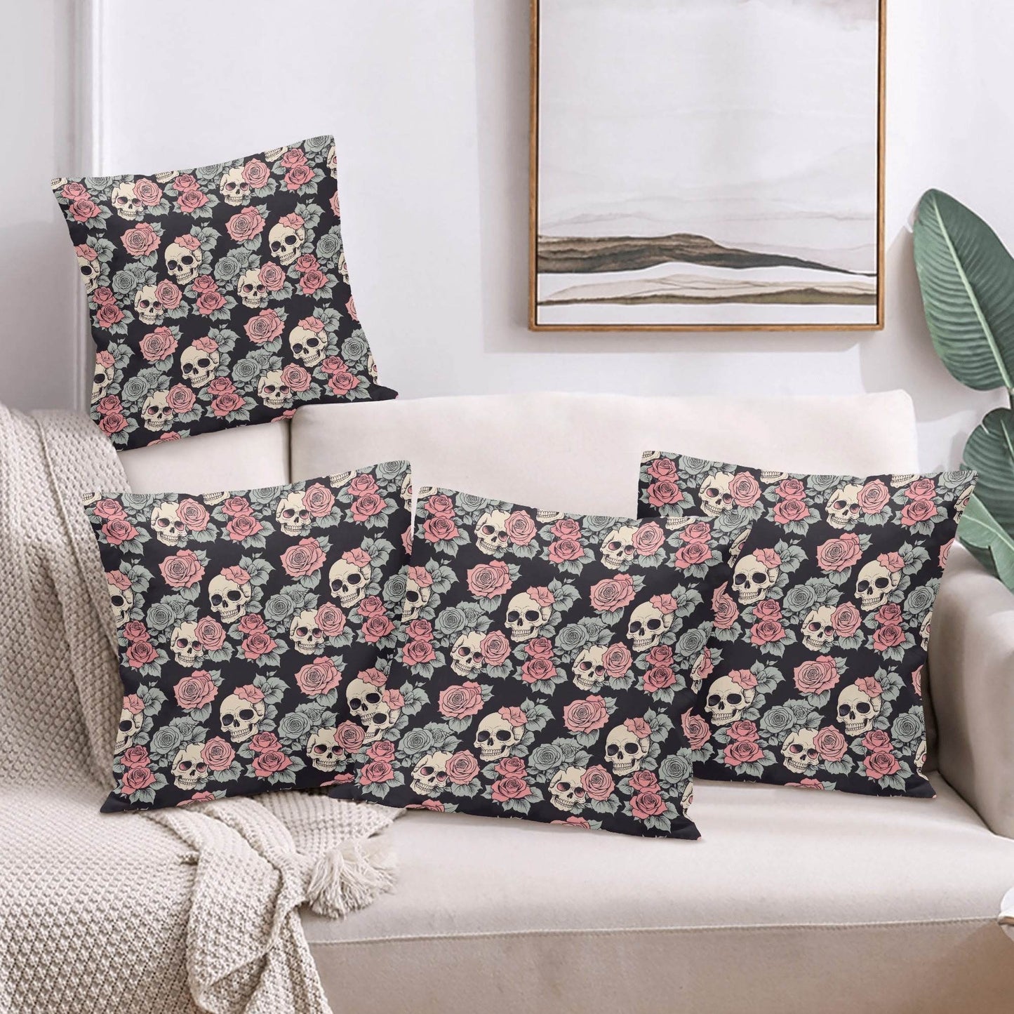 Skull and Pink Rose Peach Velvet 4 Pcs Square Pillow Case Covers (5 sizes) - DeRose Seasonal