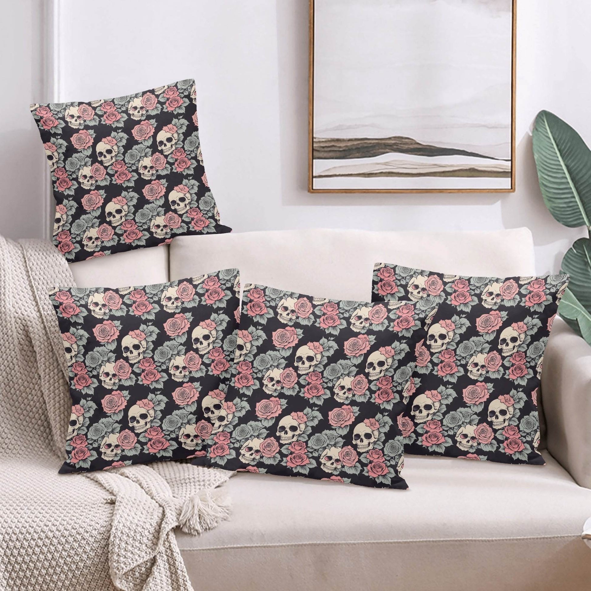 Skull and Pink Rose Peach Velvet 4 Pcs Square Pillow Case Covers (5 sizes) - DeRose Seasonal