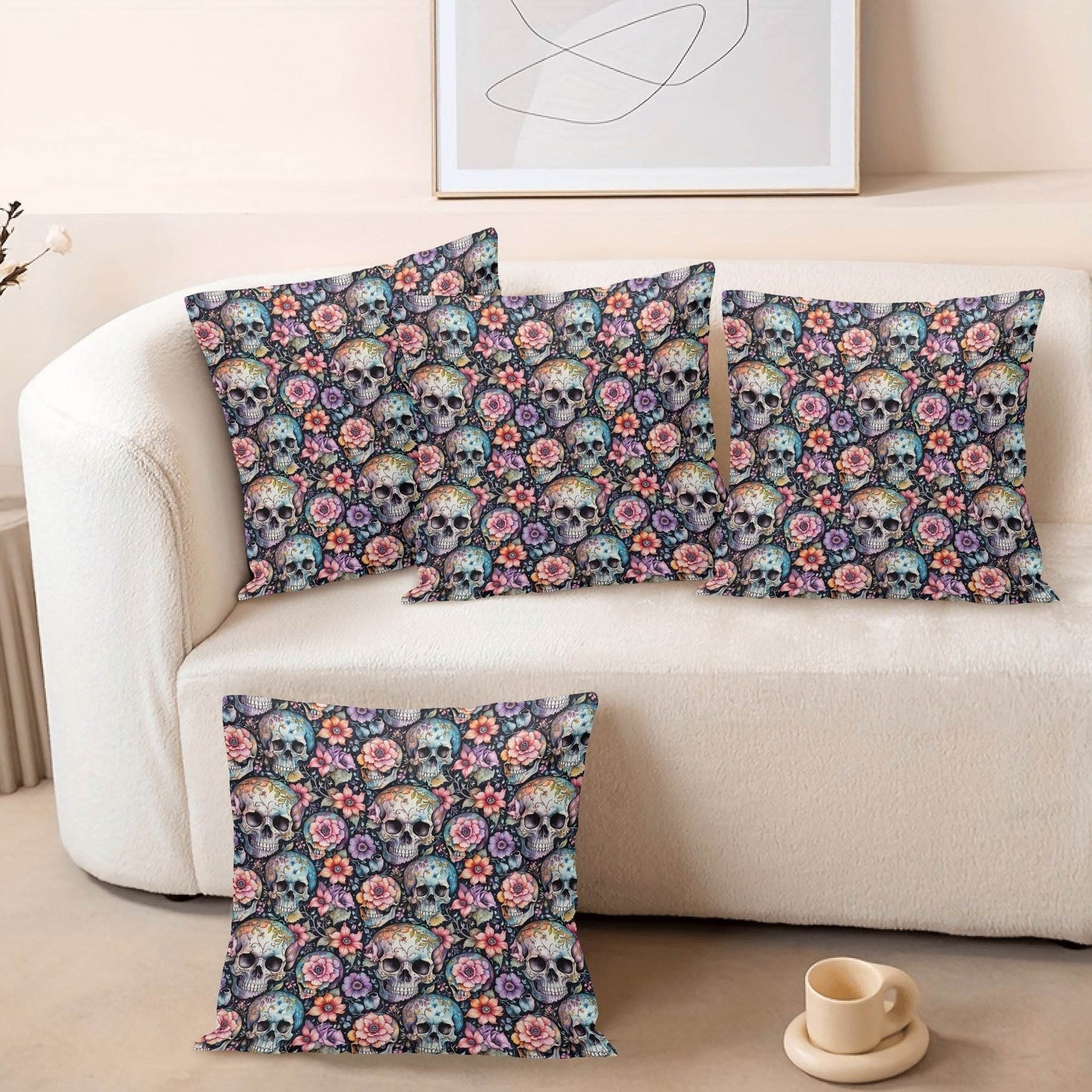 Pastel Floral and Skulls Peach Velvet 4 Pcs Square Pillow Case Covers (5 sizes) - DeRose Seasonal