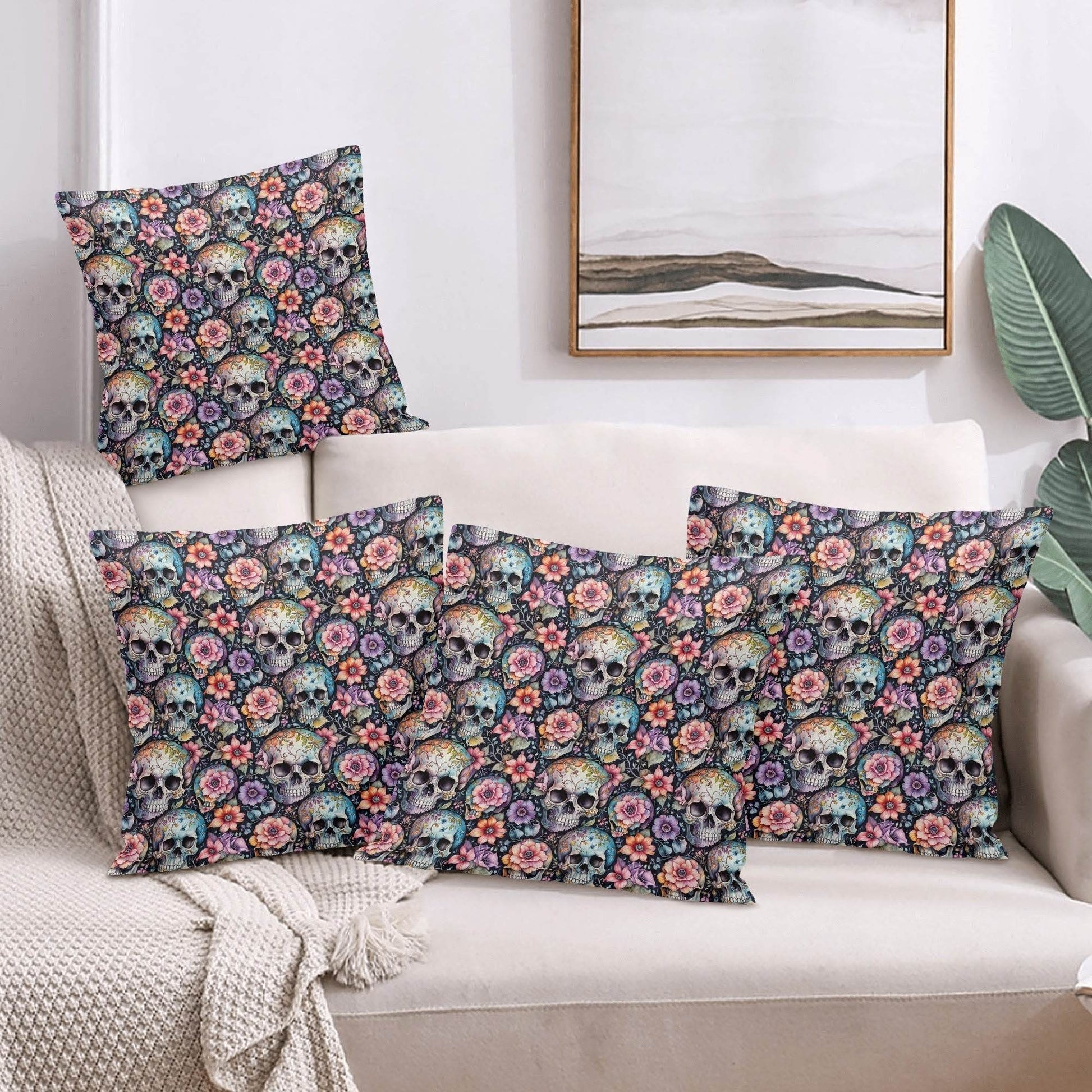 Pastel Floral and Skulls Peach Velvet 4 Pcs Square Pillow Case Covers (5 sizes) - DeRose Seasonal
