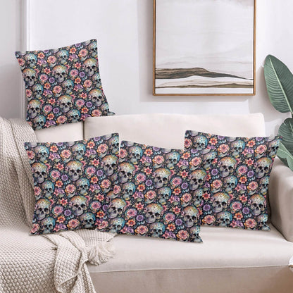 Pastel Floral and Skulls Peach Velvet 4 Pcs Square Pillow Case Covers (5 sizes) - DeRose Seasonal