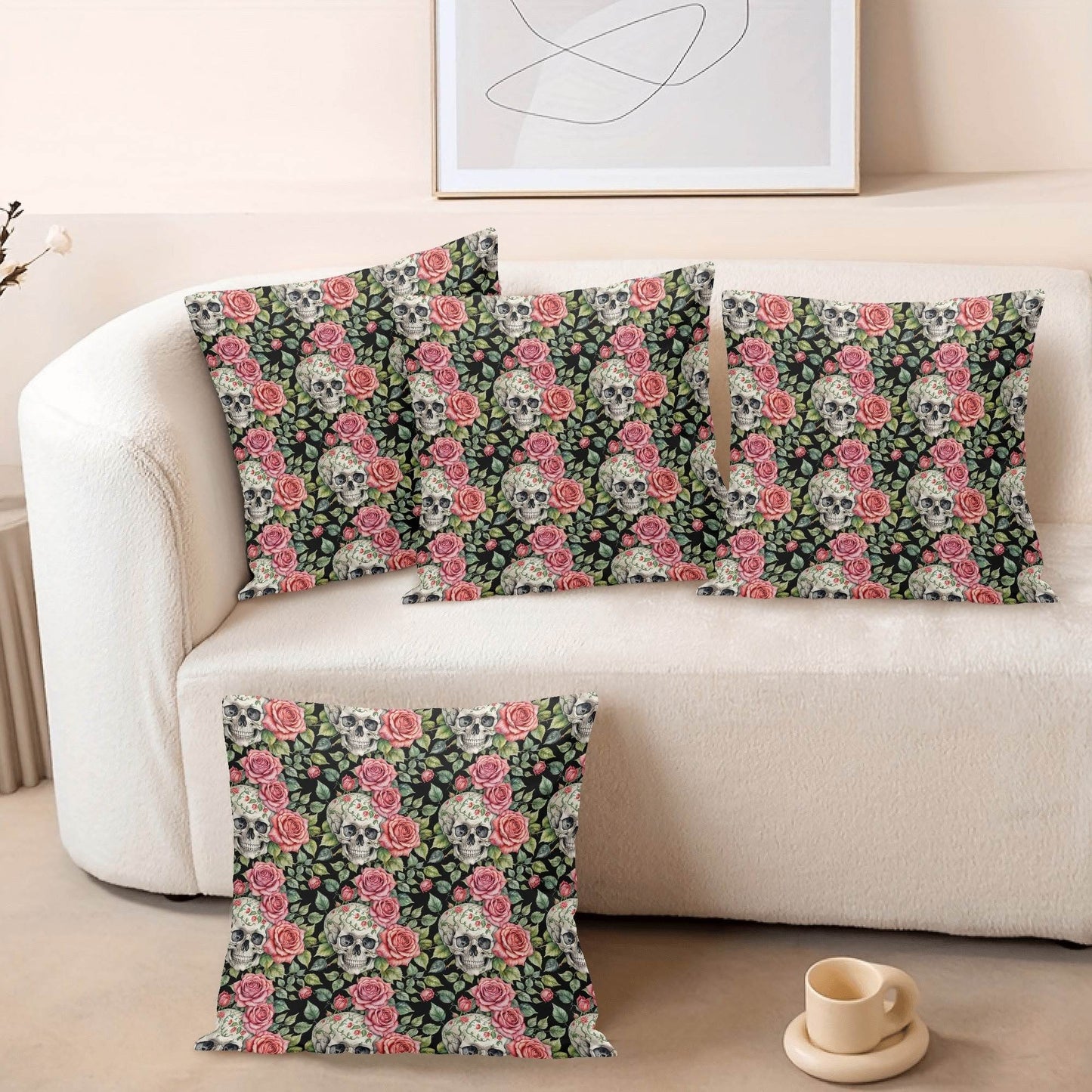 Pink Skulls Peach Velvet 4 Pcs Square Pillow Case Covers (5 sizes) - DeRose Seasonal