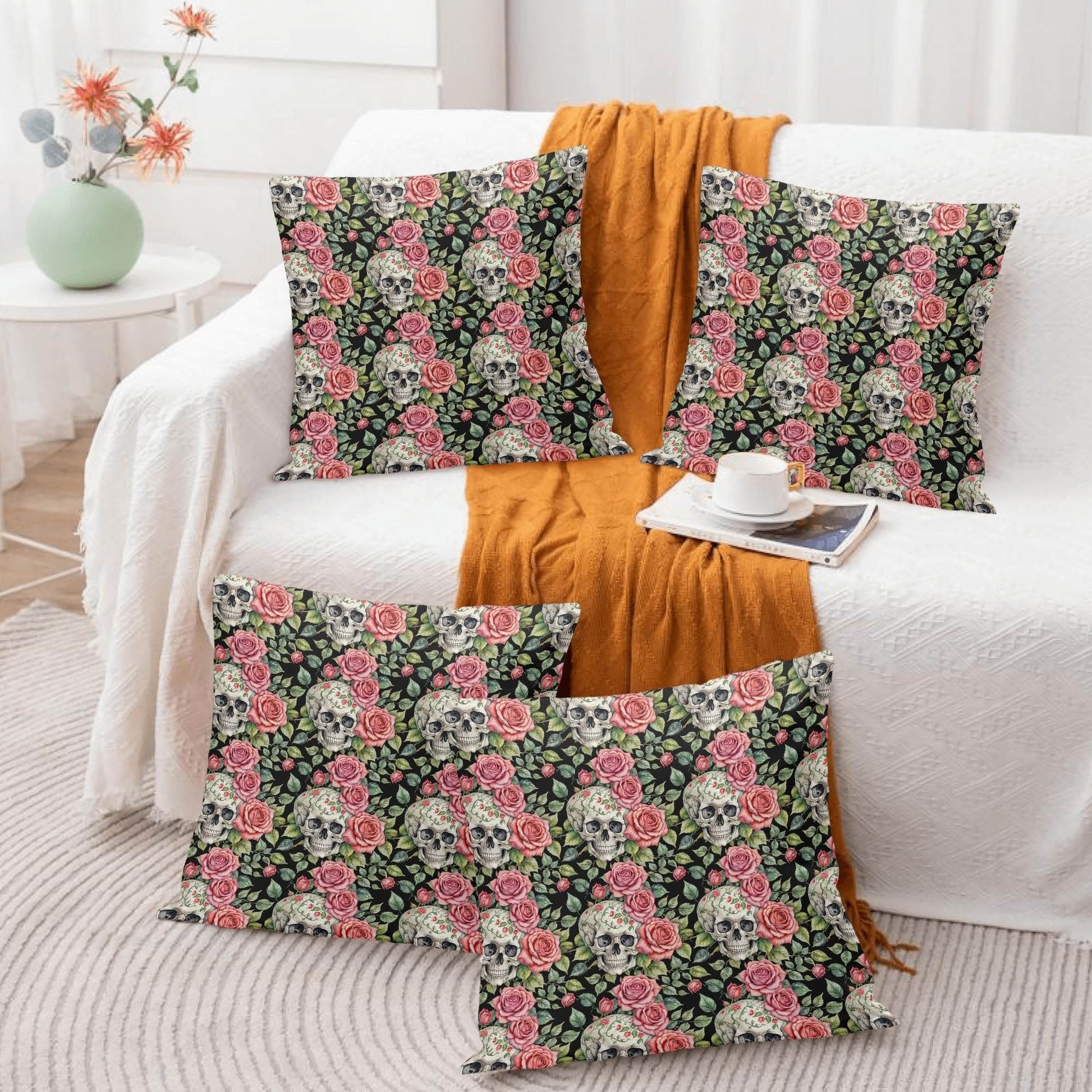 Pink Skulls Peach Velvet 4 Pcs Square Pillow Case Covers (5 sizes) - DeRose Seasonal