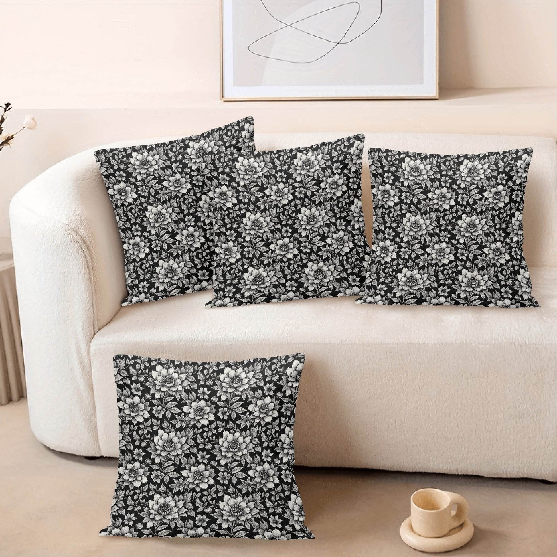 Black and White Bloom Peach Velvet 4 Pcs Square Pillow Case Covers (5 sizes) - DeRose Seasonal
