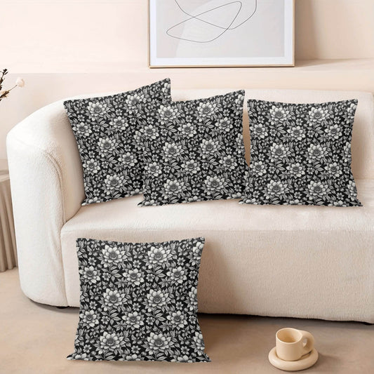 Black and White Bloom Peach Velvet 4 Pcs Square Pillow Case Covers (5 sizes) - DeRose Seasonal