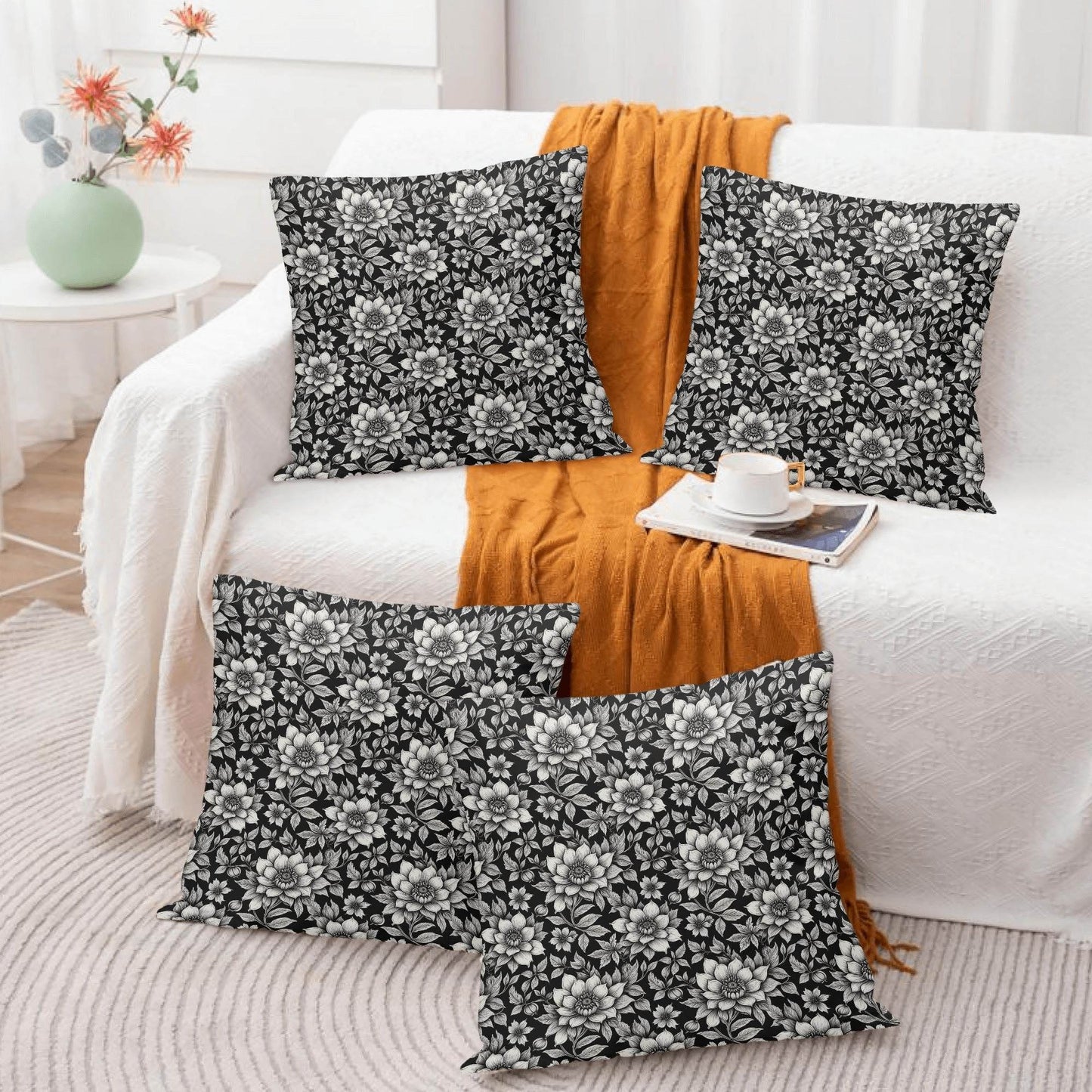 Black and White Bloom Peach Velvet 4 Pcs Square Pillow Case Covers (5 sizes) - DeRose Seasonal