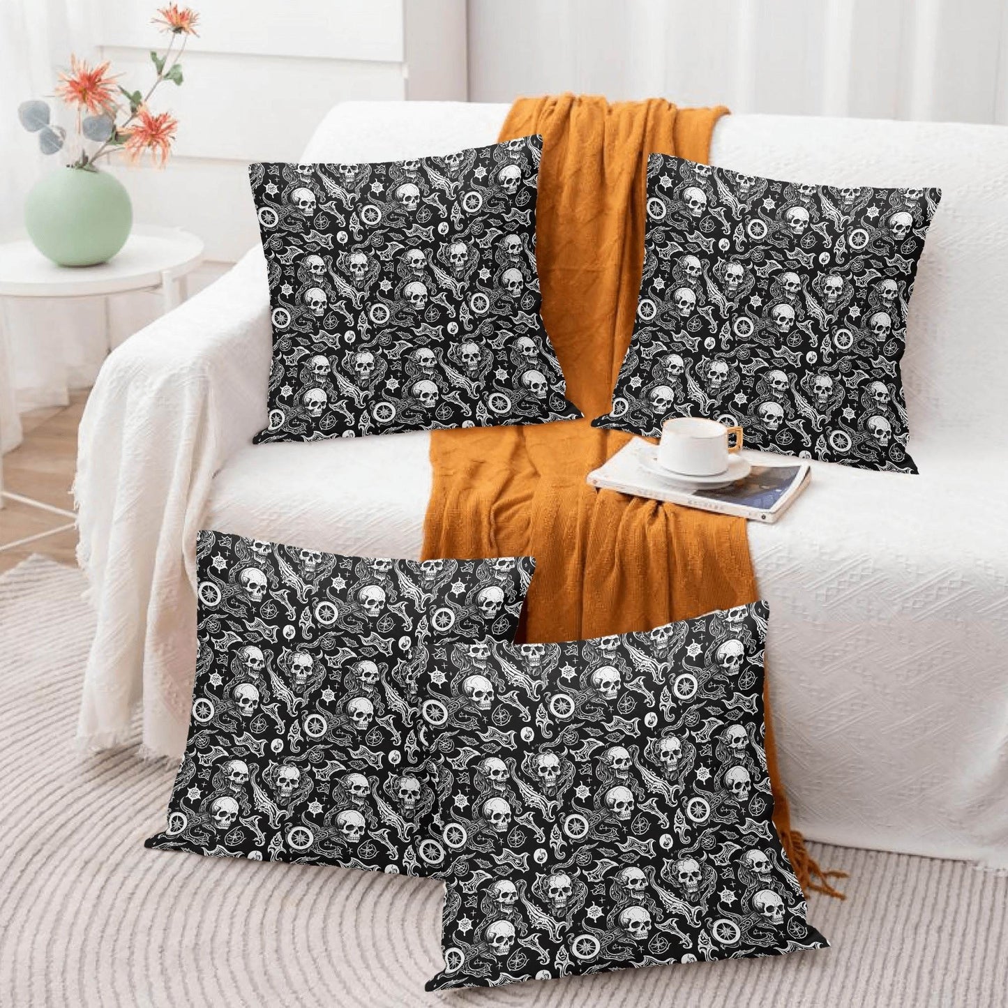 Flying Skulls Peach Velvet 4 Pcs Square Pillow Case Covers (5 sizes) - DeRose Seasonal