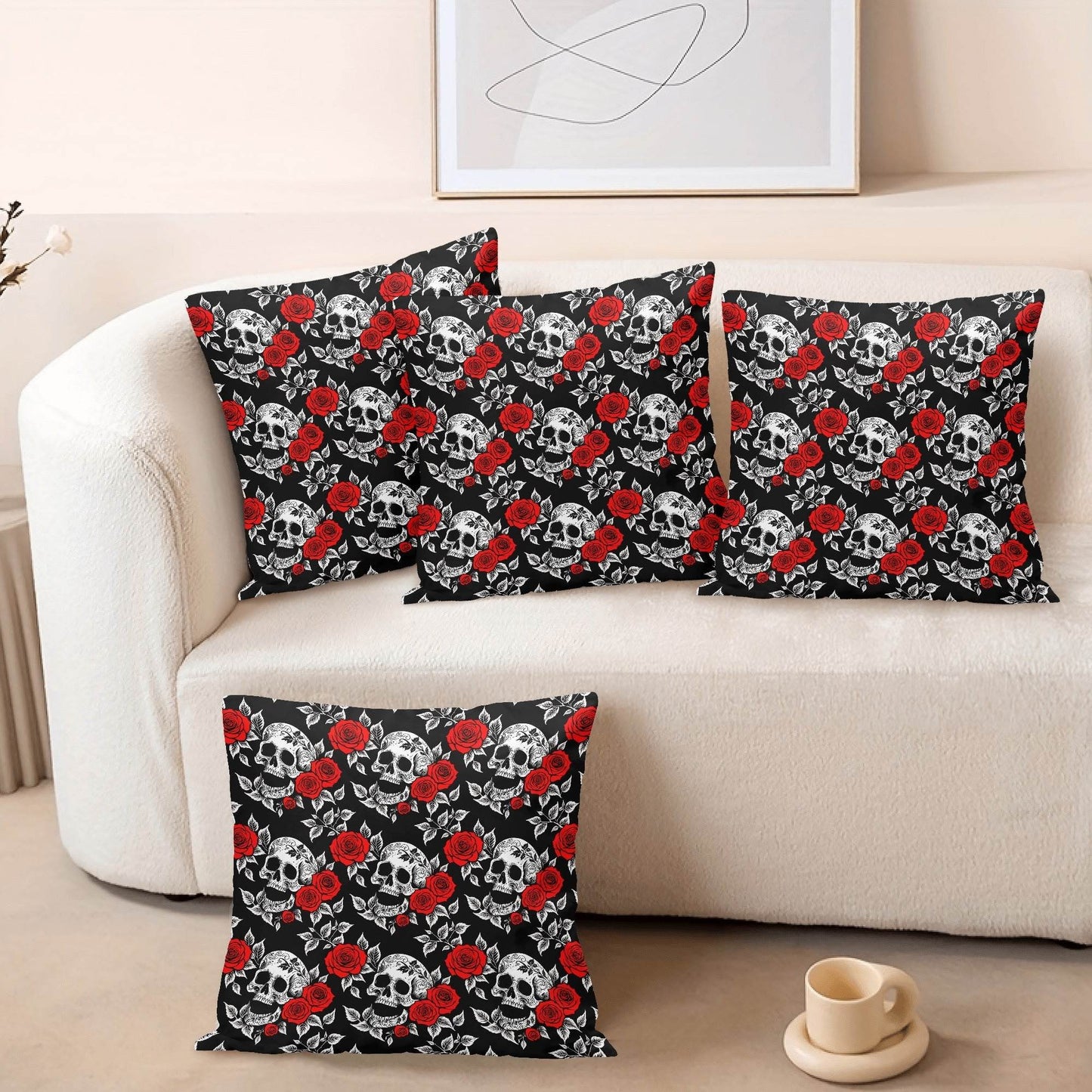 Red Skull Rose Peach Velvet 4 Pcs Square Pillow Case Covers (5 sizes) - DeRose Seasonal