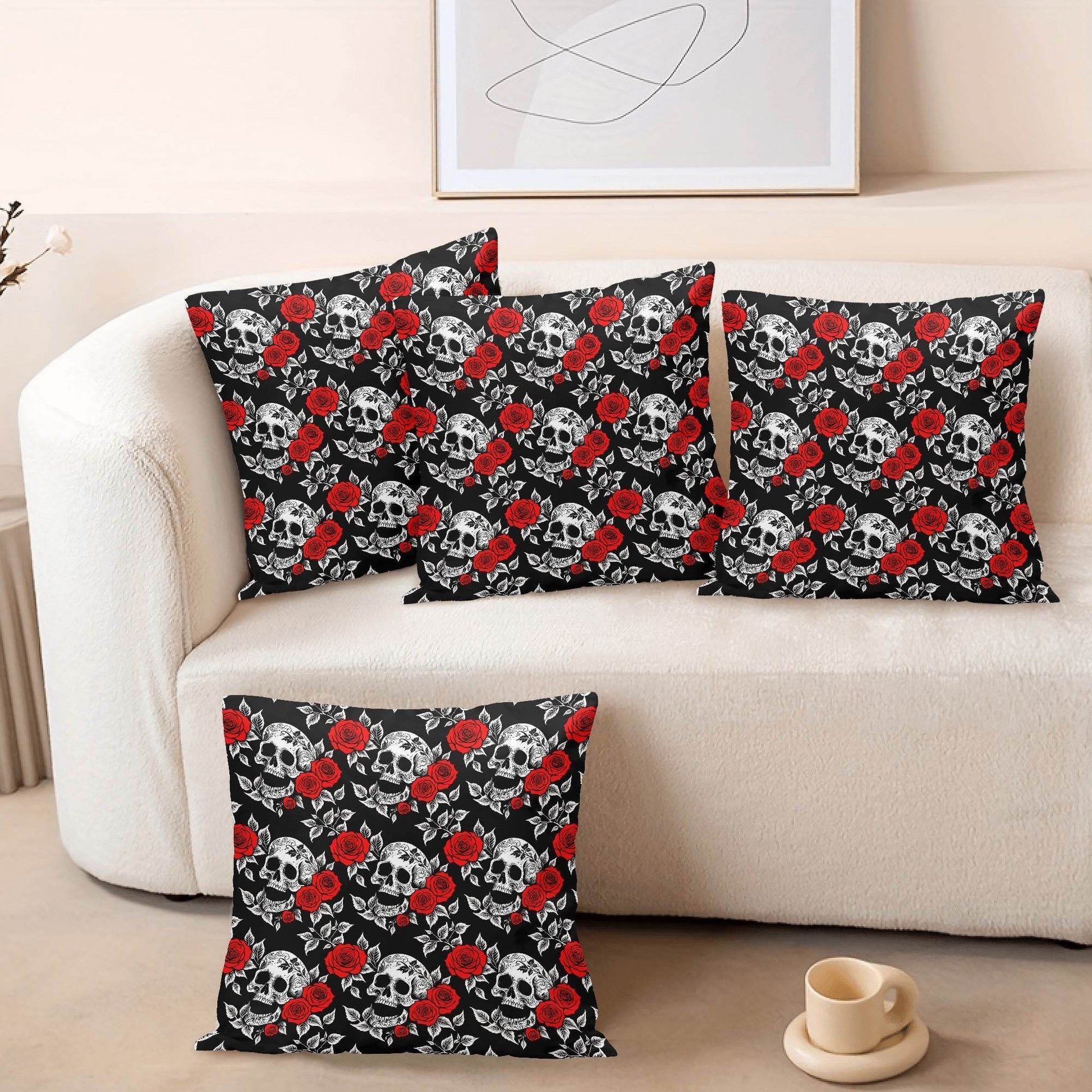 Red Skull Rose Peach Velvet 4 Pcs Square Pillow Case Covers (5 sizes) - DeRose Seasonal