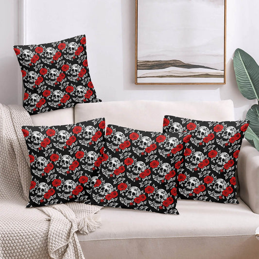 Red Skull Rose Peach Velvet 4 Pcs Square Pillow Case Covers (5 sizes) - DeRose Seasonal