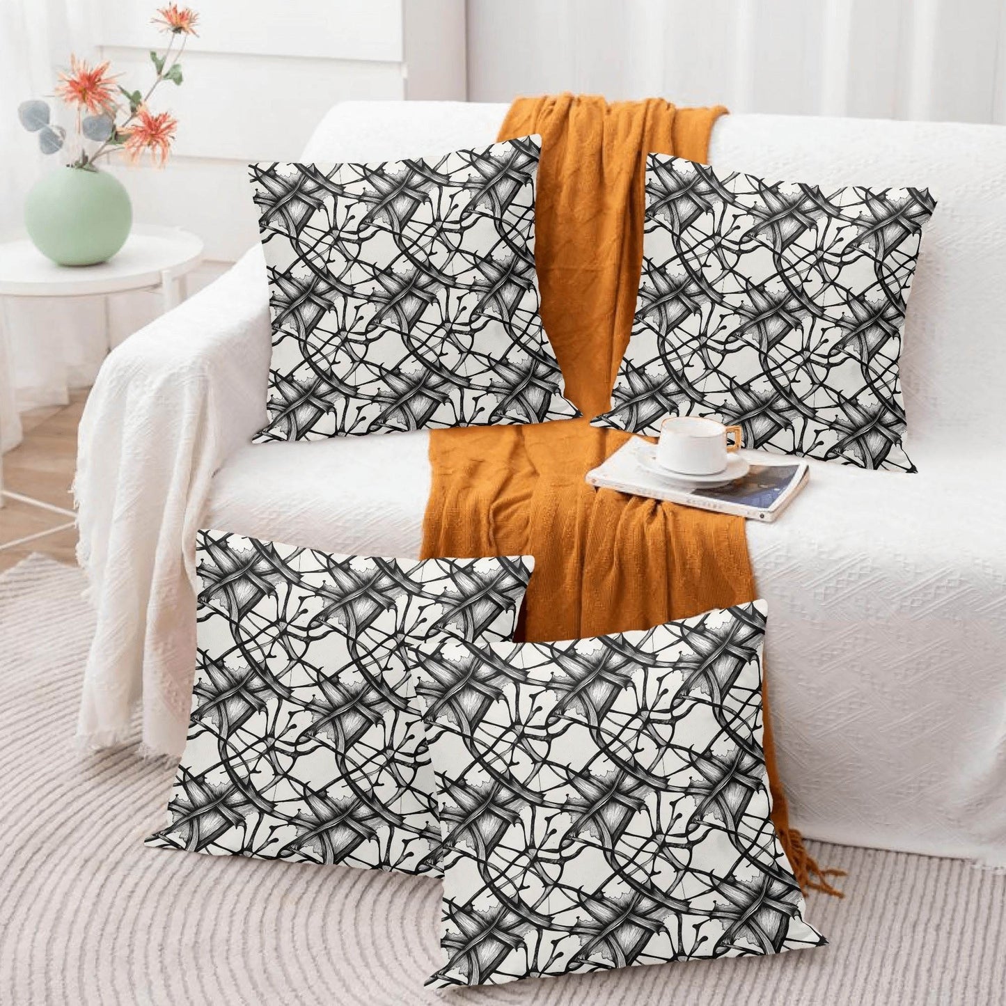 Ink Floral Peach Velvet 4 Pcs Square Pillow Case Covers (5 sizes) - DeRose Seasonal