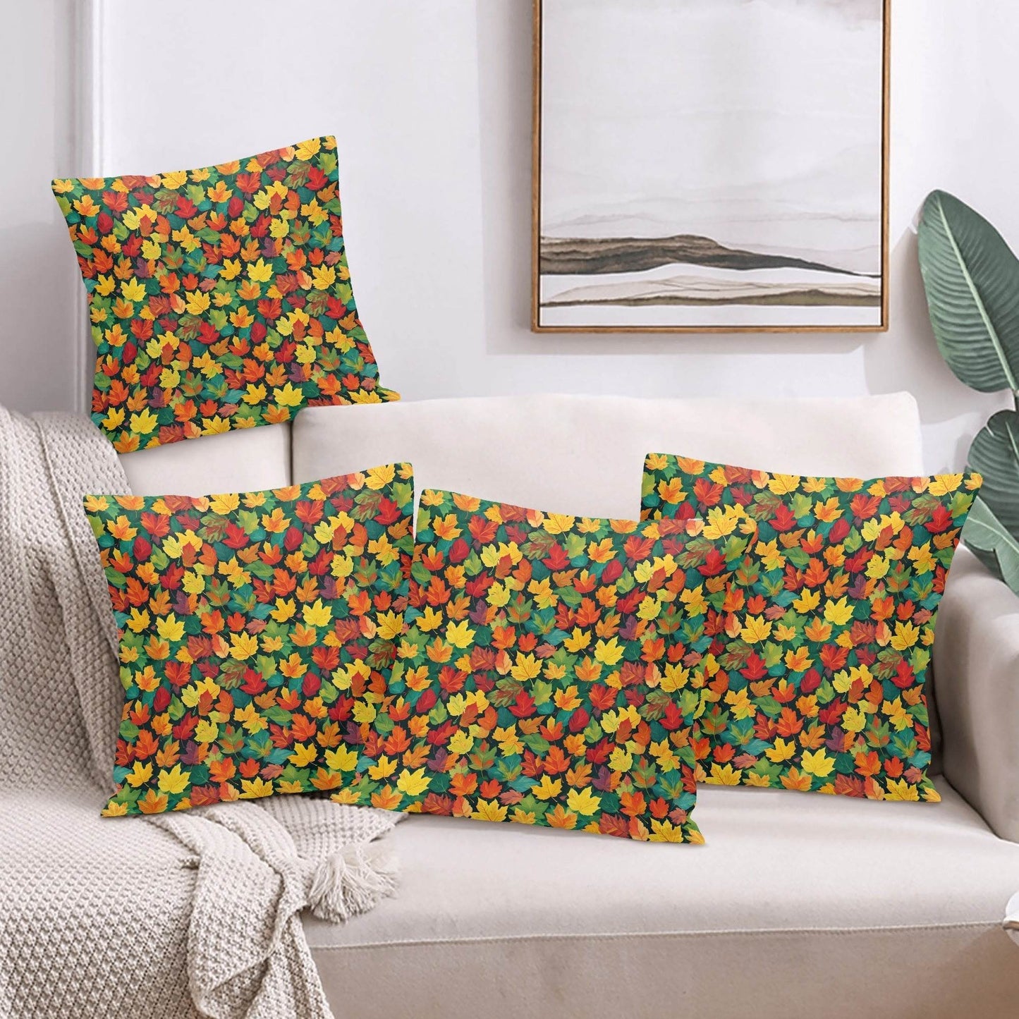 Colorful Leaves Peach Velvet 4 Pcs Square Pillow Case Covers (5 sizes) - DeRose Seasonal