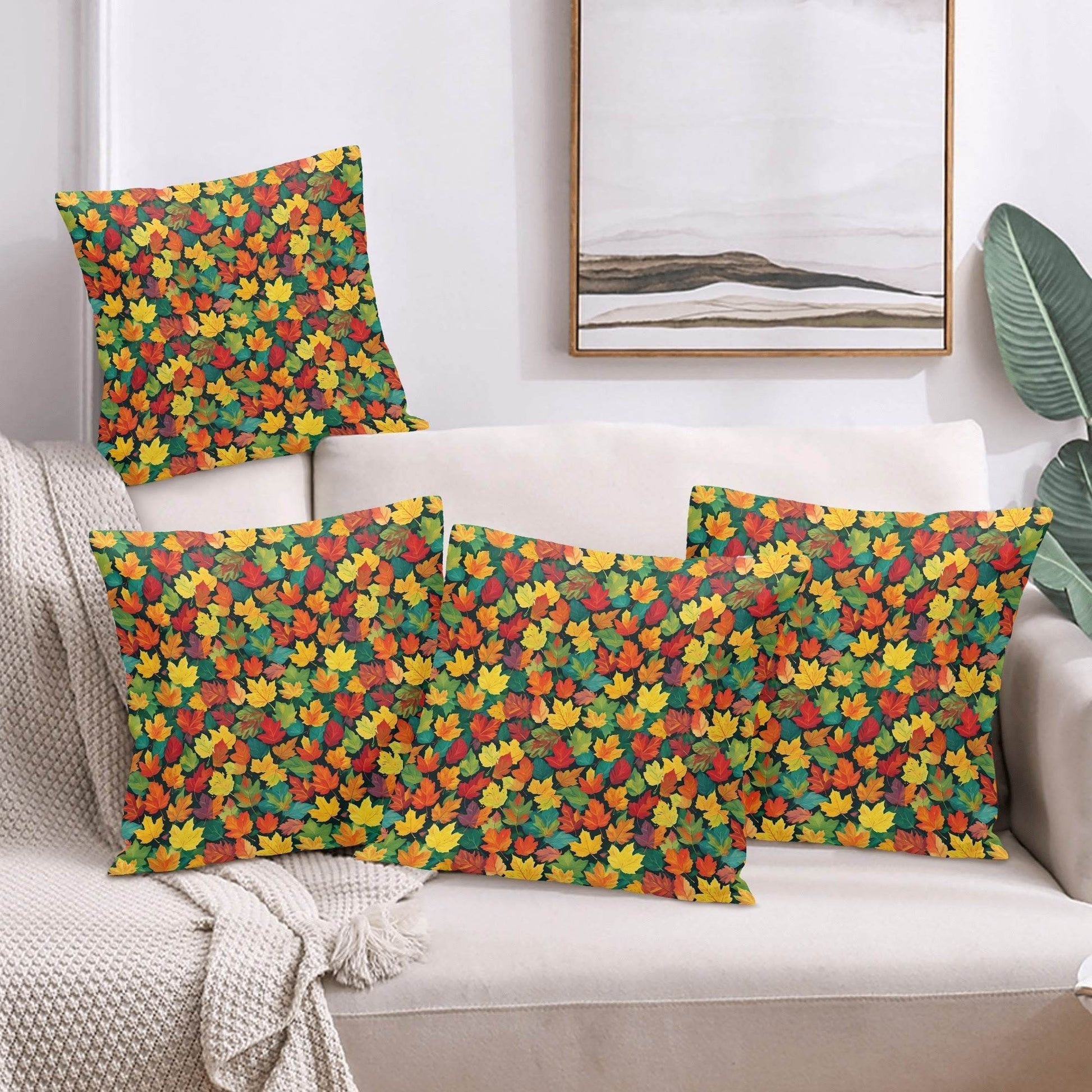 Colorful Leaves Peach Velvet 4 Pcs Square Pillow Case Covers (5 sizes) - DeRose Seasonal