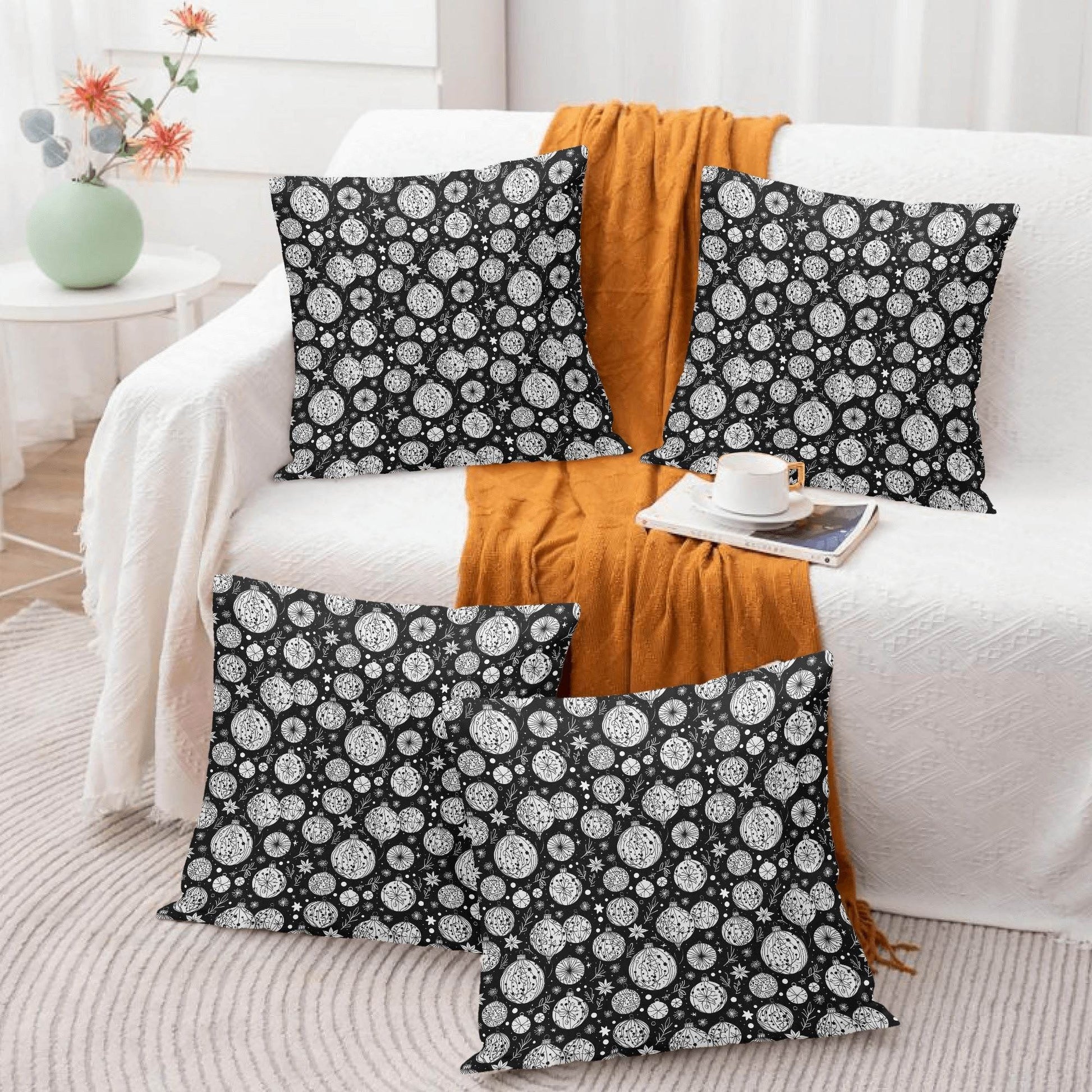 Black and White Ornament Peach Velvet 4 Pcs Square Pillow Case Covers (5 sizes) - DeRose Seasonal