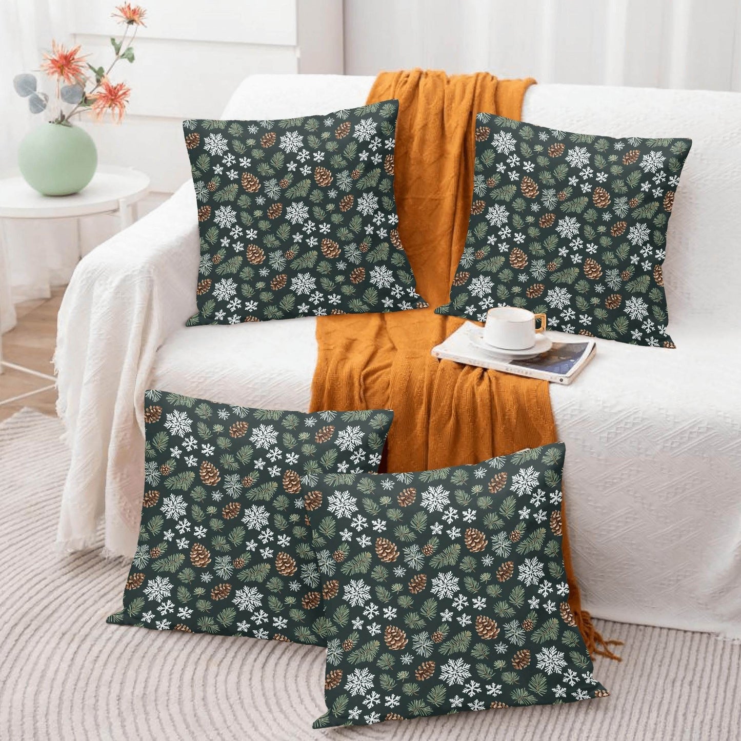 Snowflake Pine Peach Velvet 4 Pcs Square Pillow Case Covers (5 sizes) - DeRose Seasonal