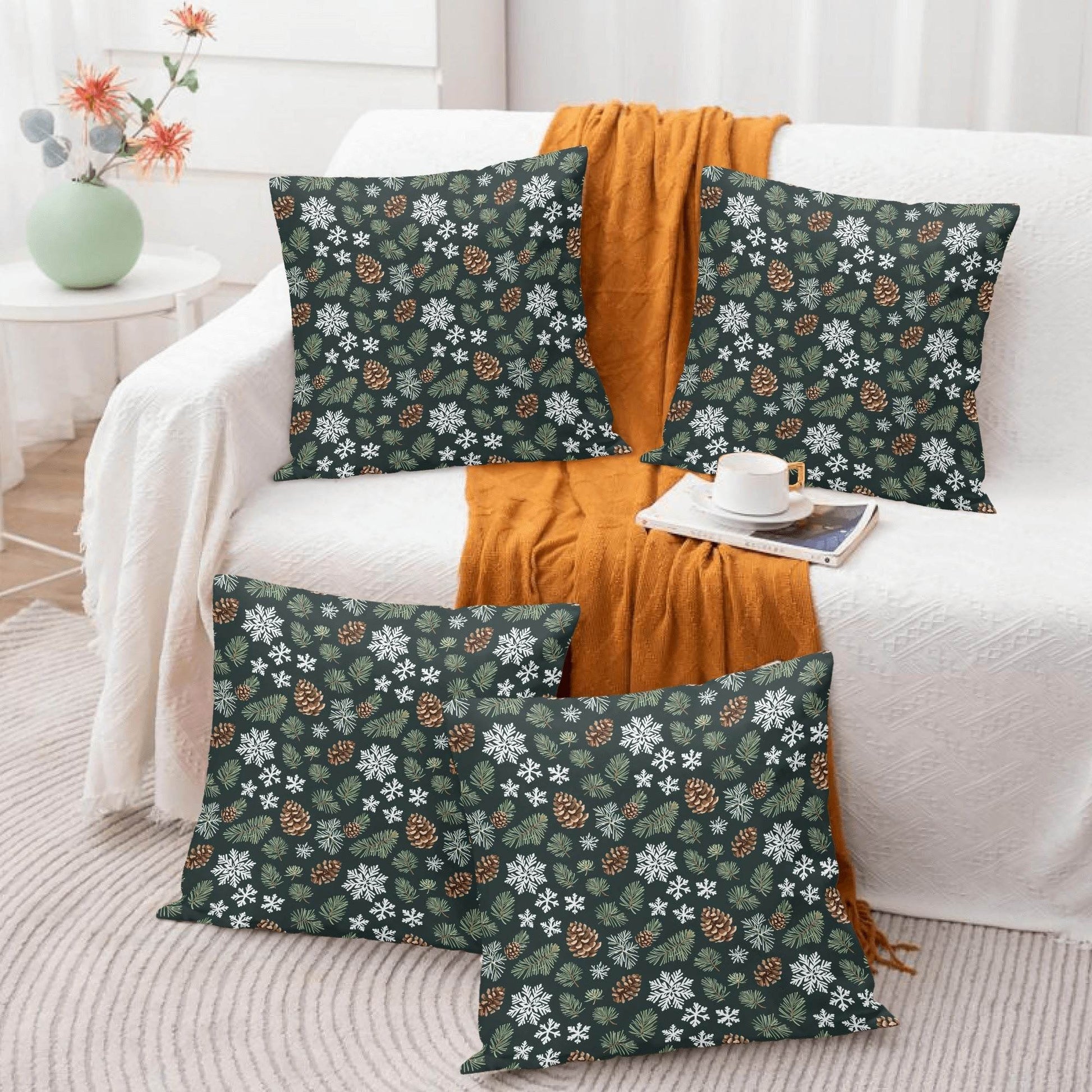 Snowflake Pine Peach Velvet 4 Pcs Square Pillow Case Covers (5 sizes) - DeRose Seasonal