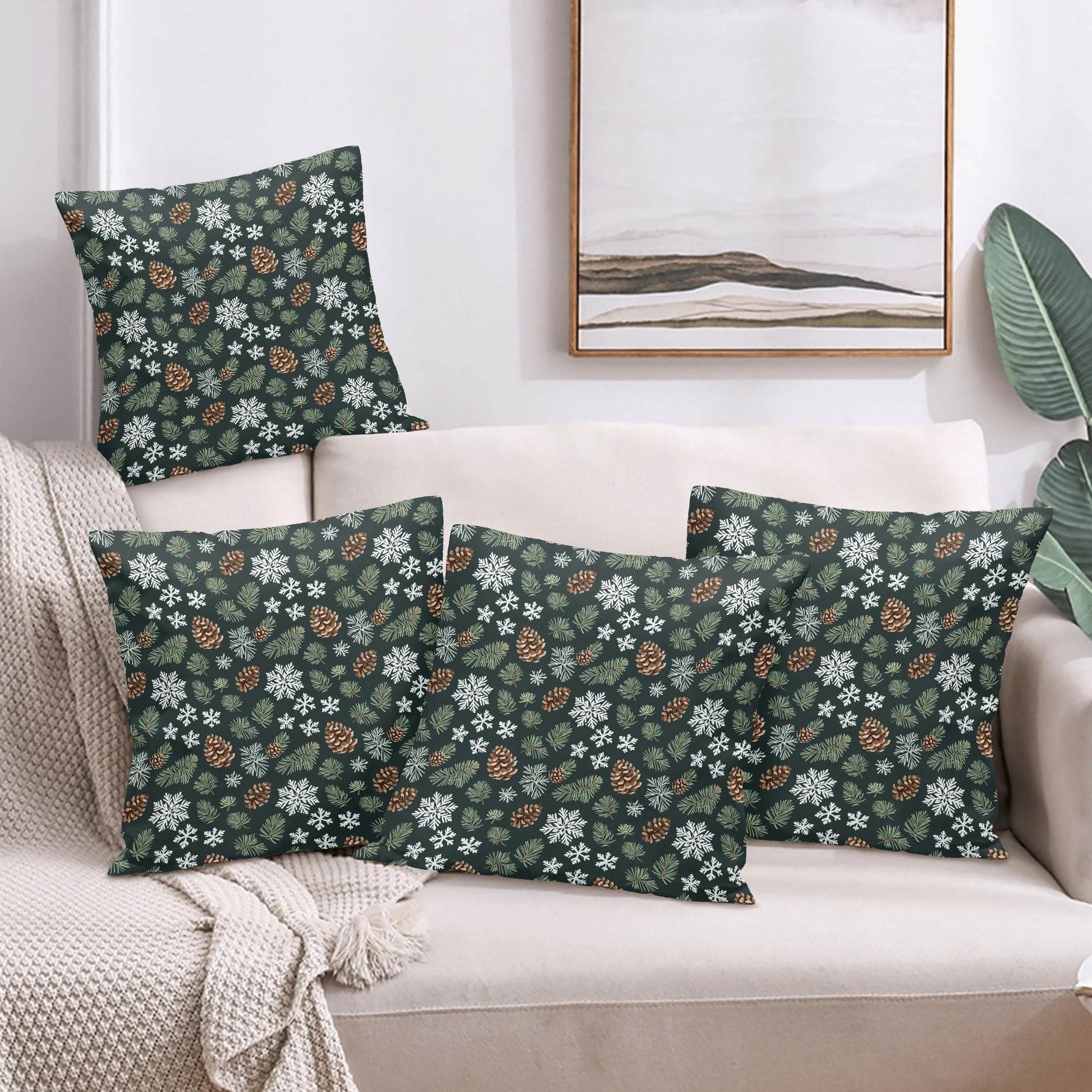 Snowflake Pine Peach Velvet 4 Pcs Square Pillow Case Covers (5 sizes) - DeRose Seasonal