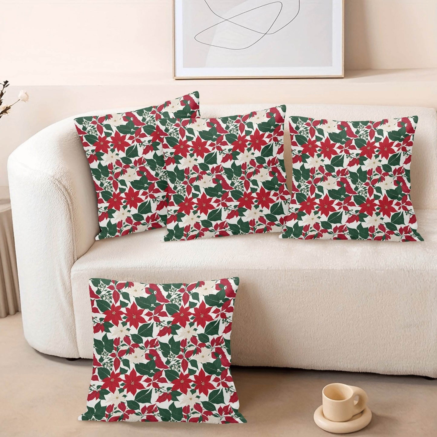 Red and White Poinsettia Peach Velvet 4 Pcs Square Pillow Case Covers (5 sizes) - DeRose Seasonal
