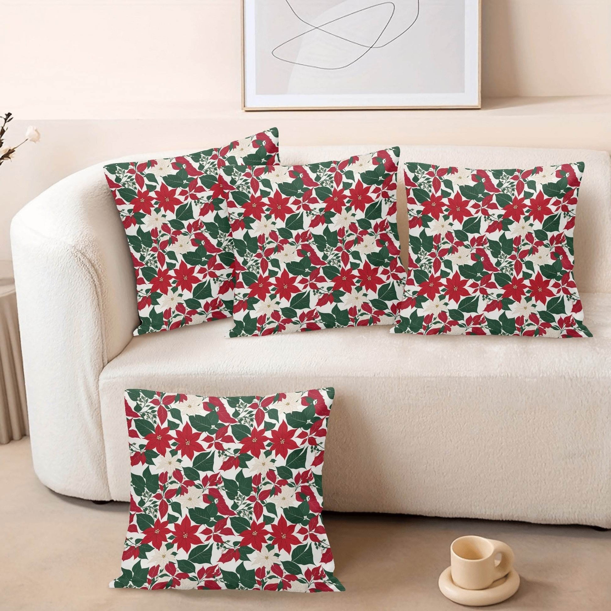 Red and White Poinsettia Peach Velvet 4 Pcs Square Pillow Case Covers (5 sizes) - DeRose Seasonal