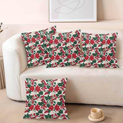 Red and White Poinsettia Peach Velvet 4 Pcs Square Pillow Case Covers (5 sizes) - DeRose Seasonal