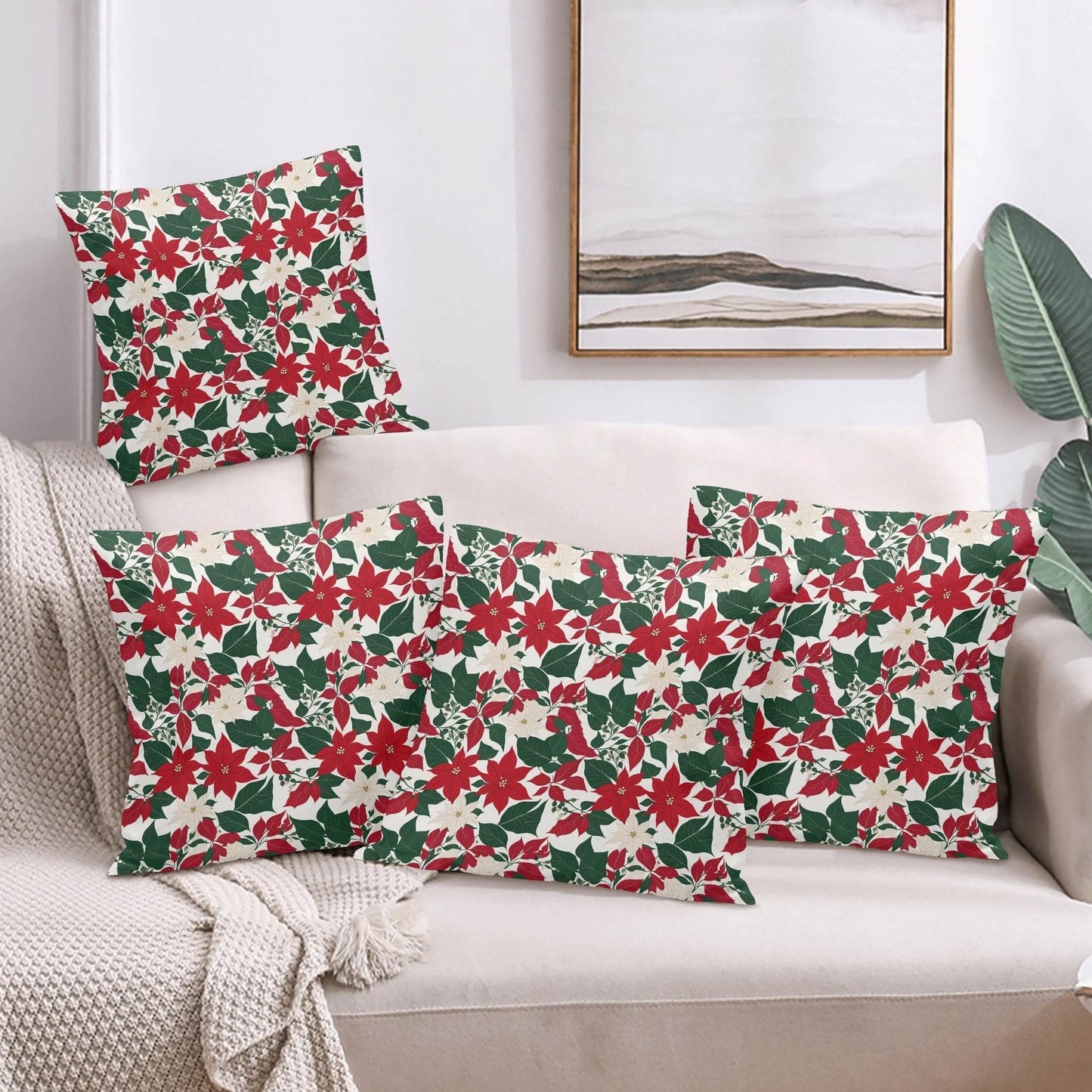 Red and White Poinsettia Peach Velvet 4 Pcs Square Pillow Case Covers (5 sizes) - DeRose Seasonal