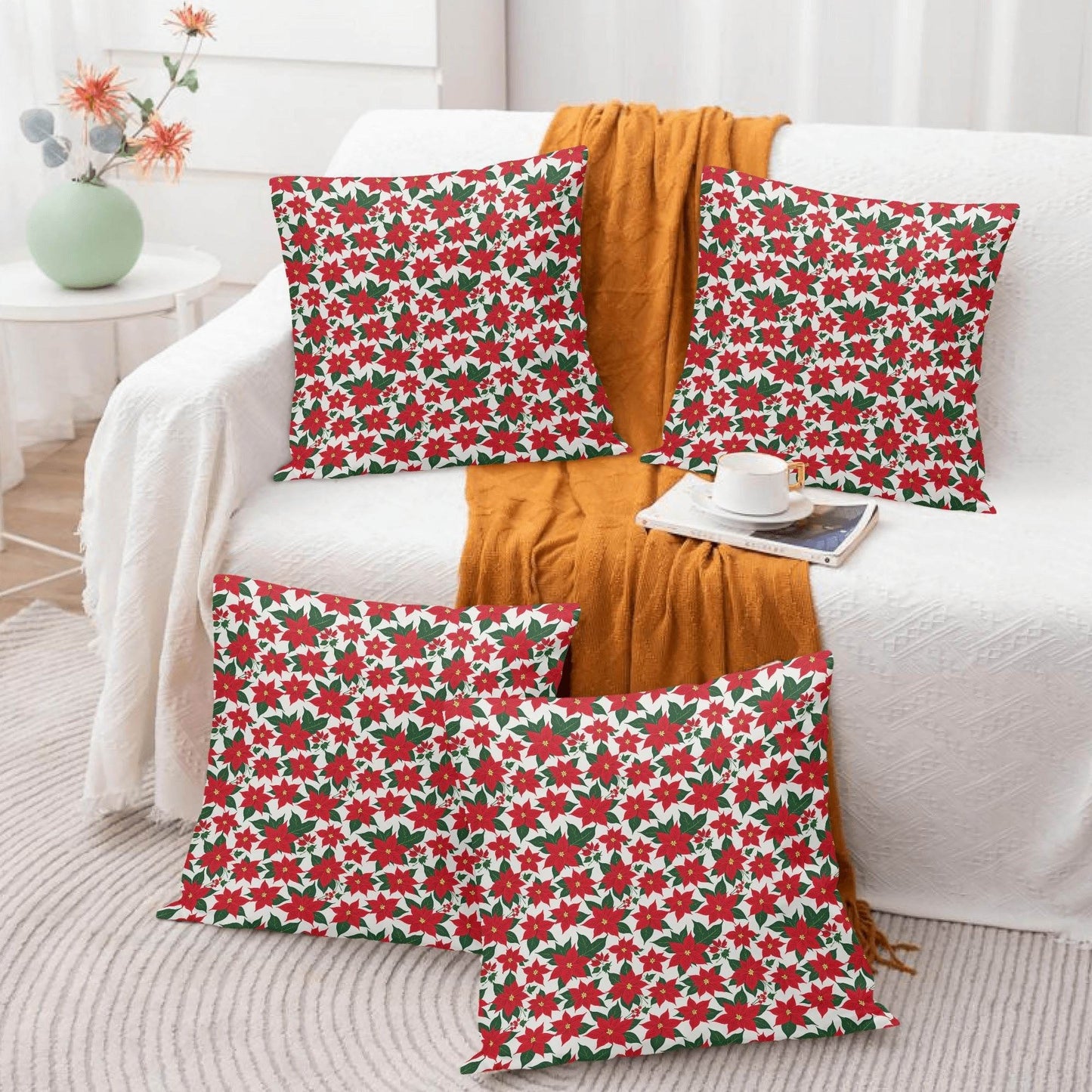 Poinsettia Floral Peach Velvet 4 Pcs Square Pillow Case Covers (5 sizes) - DeRose Seasonal