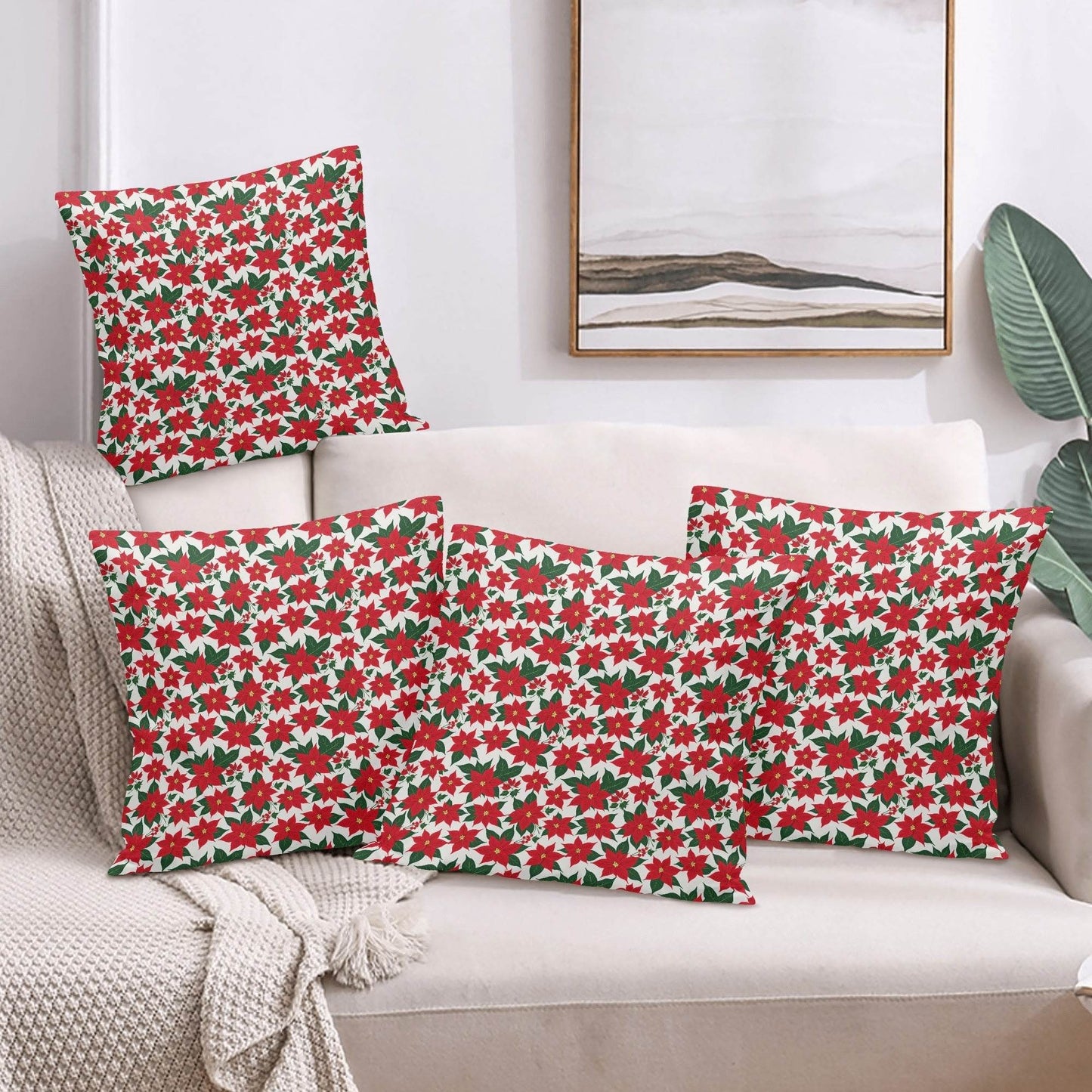 Poinsettia Floral Peach Velvet 4 Pcs Square Pillow Case Covers (5 sizes) - DeRose Seasonal