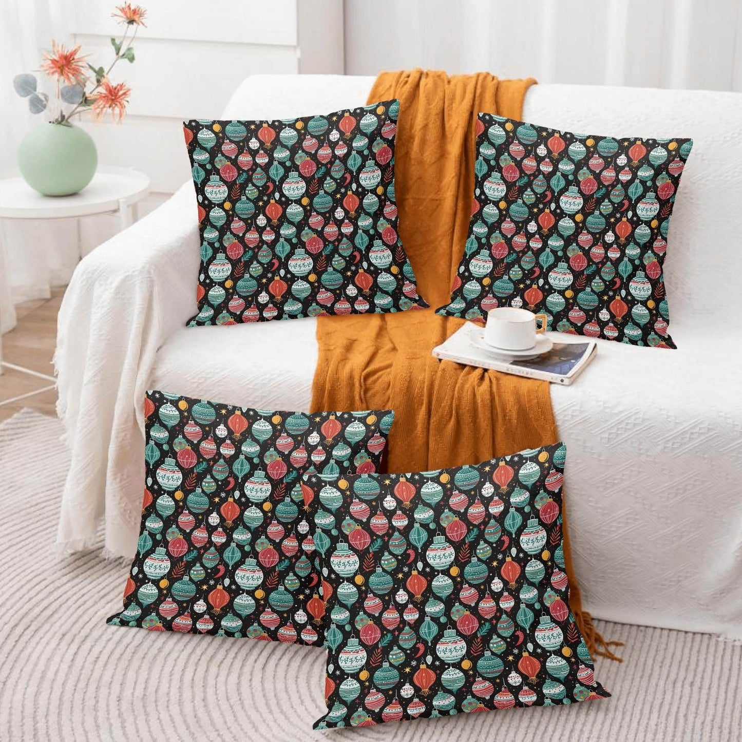 Big Ornaments Peach Velvet 4 Pcs Square Pillow Case Covers (5 sizes) - DeRose Seasonal