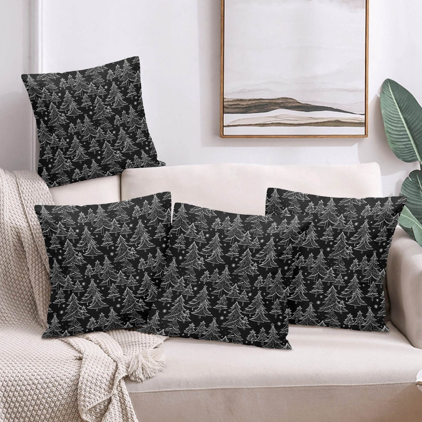Black and White Trees Peach Velvet 4 Pcs Square Pillow Case Covers (5 sizes) - DeRose Seasonal