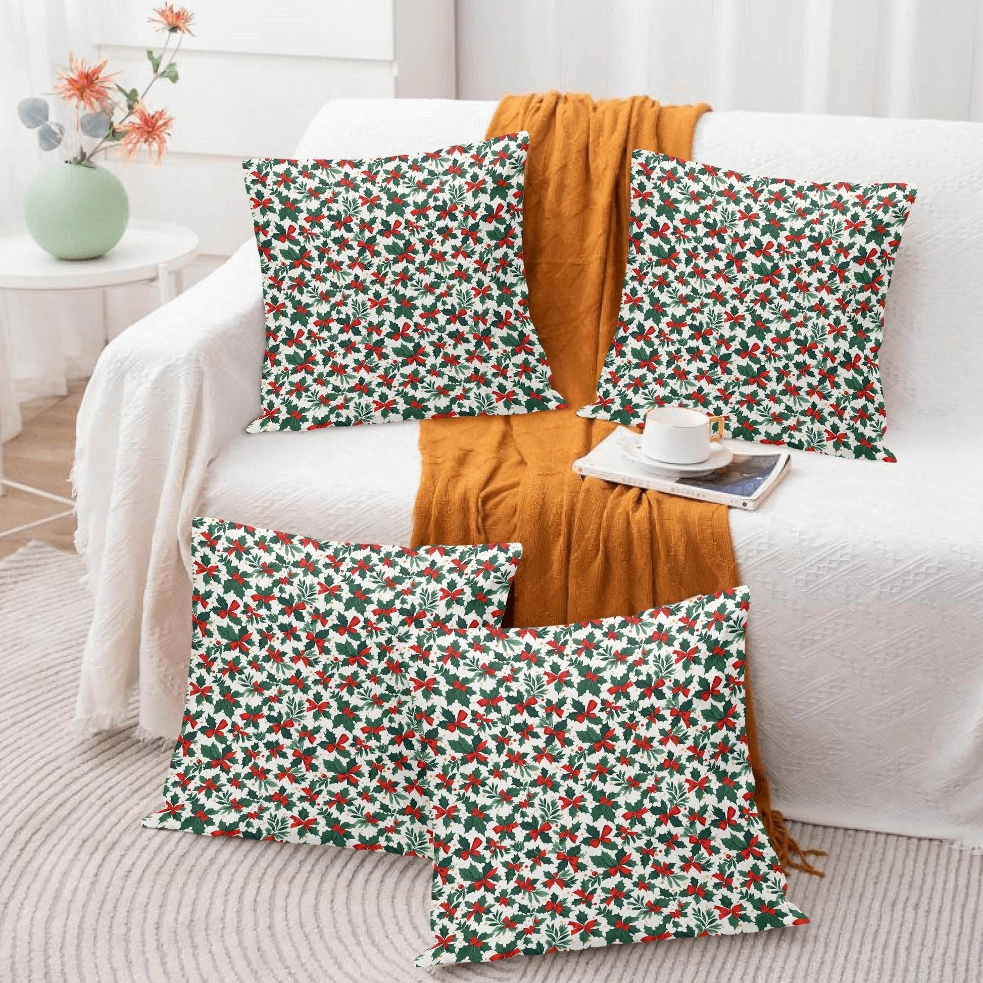 Holly Bows Peach Velvet 4 Pcs Square Pillow Case Covers (5 sizes) - DeRose Seasonal