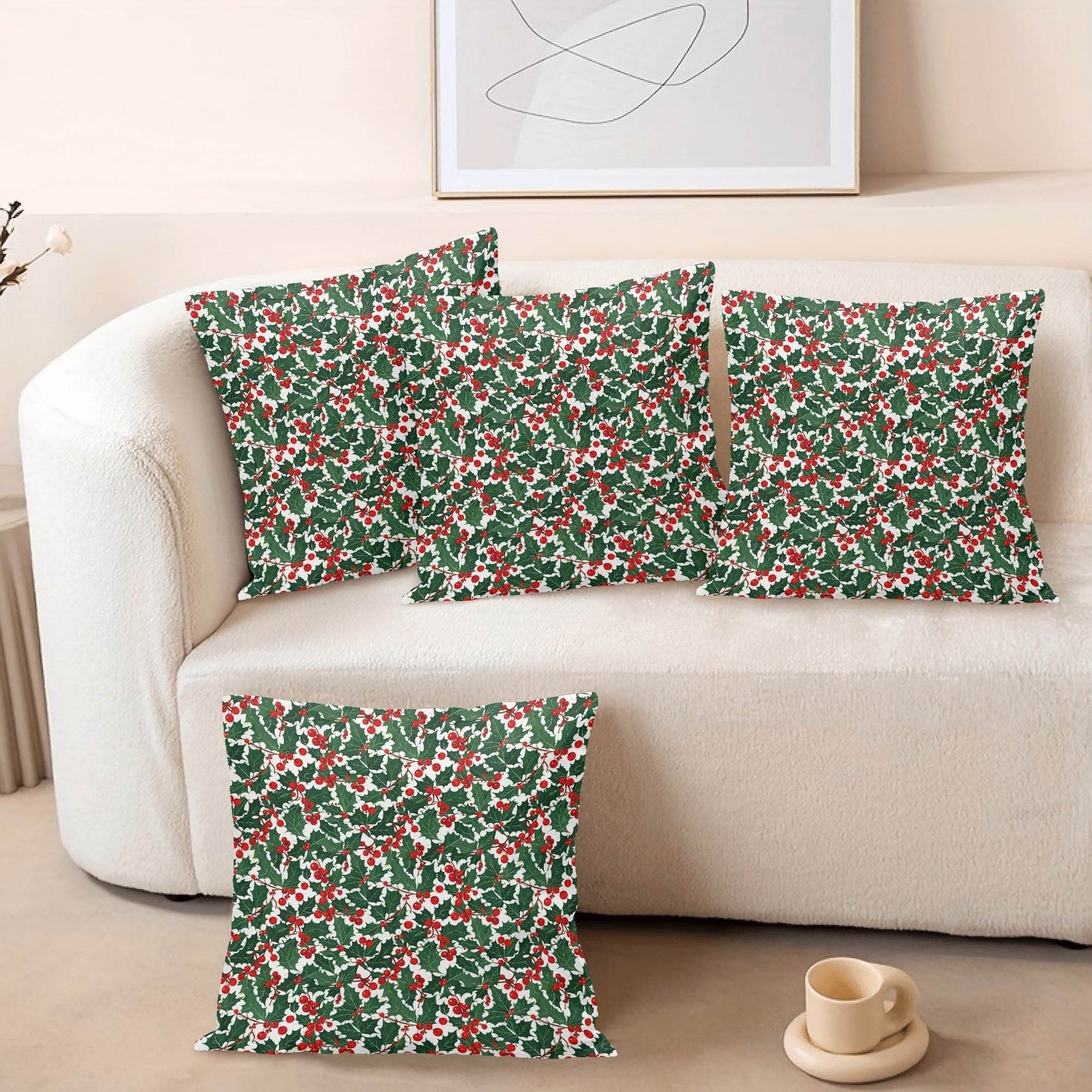 Christmas Holly Peach Velvet 4 Pcs Square Pillow Case Covers (5 sizes) - DeRose Seasonal