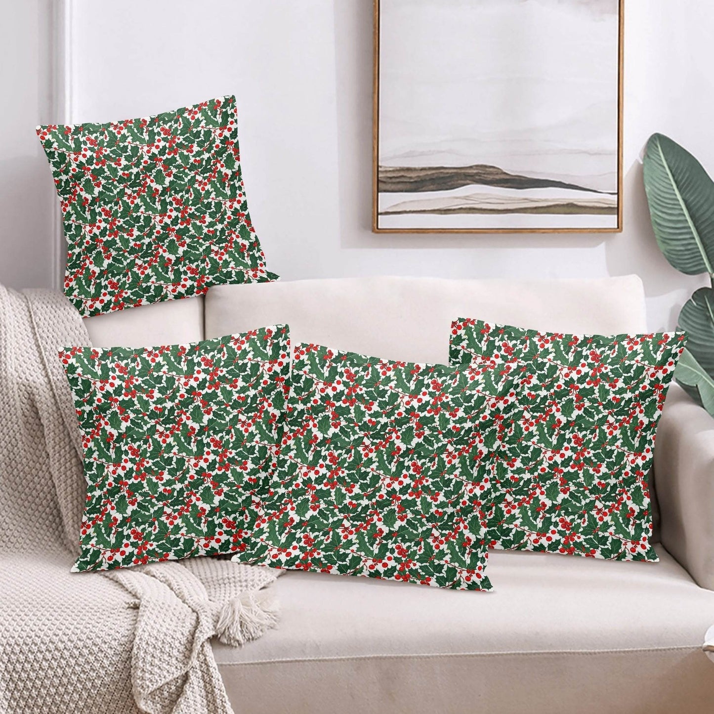 Christmas Holly Peach Velvet 4 Pcs Square Pillow Case Covers (5 sizes) - DeRose Seasonal