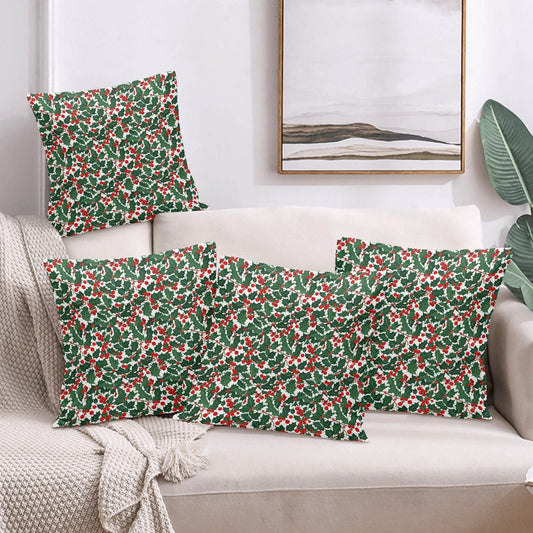 Christmas Holly Peach Velvet 4 Pcs Square Pillow Case Covers (5 sizes) - DeRose Seasonal