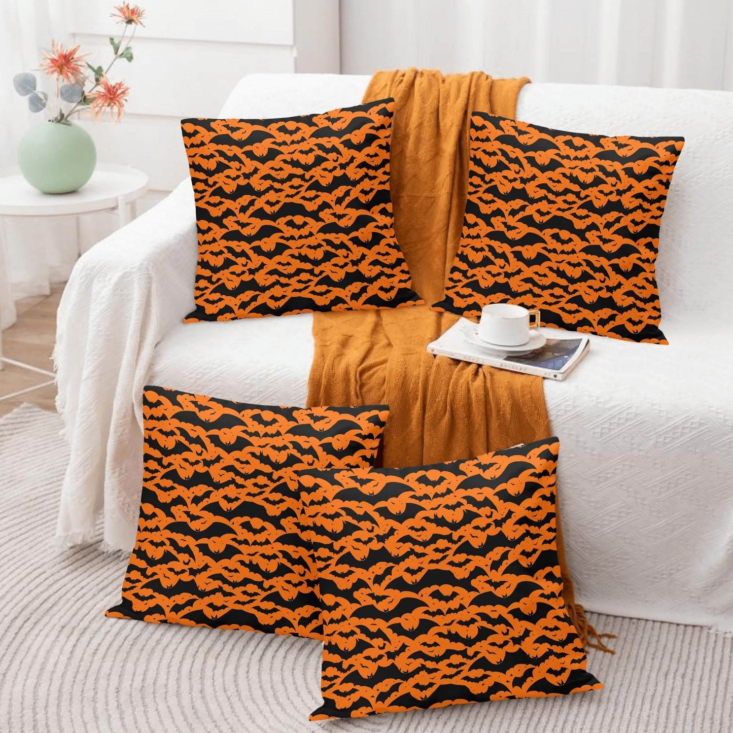 Halloween Bats Peach Velvet 4 Pcs Square Pillow Case Covers (5 sizes) - DeRose Seasonal
