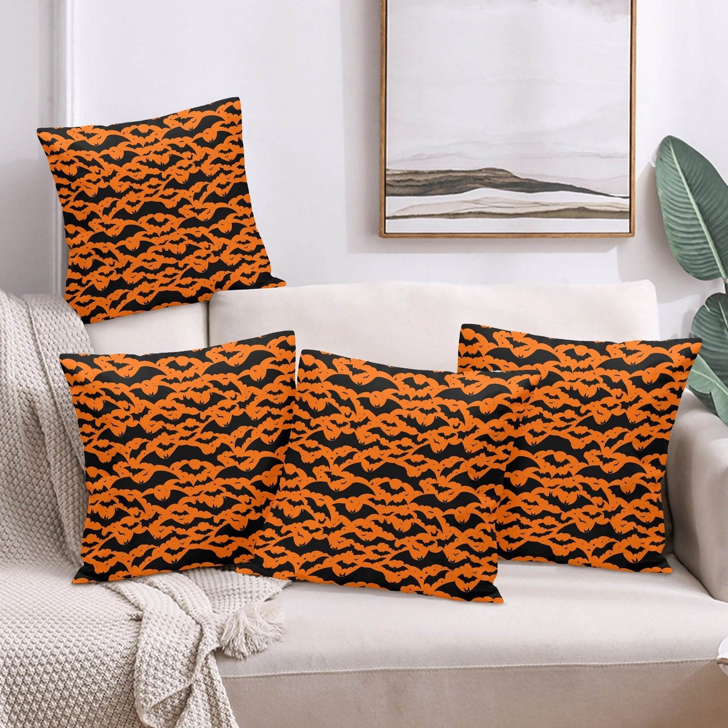 Halloween Bats Peach Velvet 4 Pcs Square Pillow Case Covers (5 sizes) - DeRose Seasonal