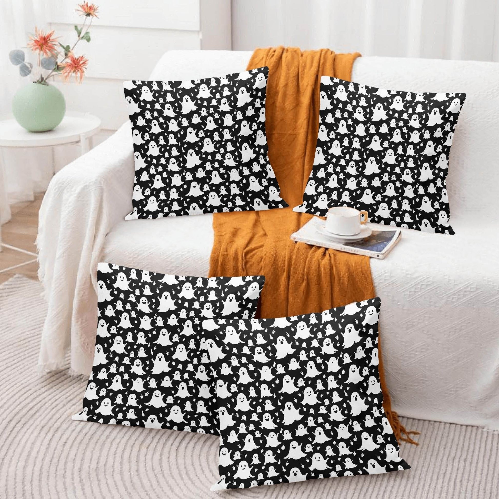 Spooky Ghost Peach Velvet 4 Pcs Square Pillow Case Covers (5 sizes) - DeRose Seasonal
