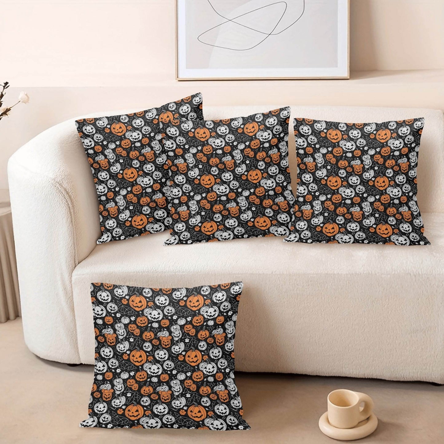 Jack-O-Lanterns Peach Velvet 4 Pcs Square Pillow Case Covers (5 sizes) - DeRose Seasonal